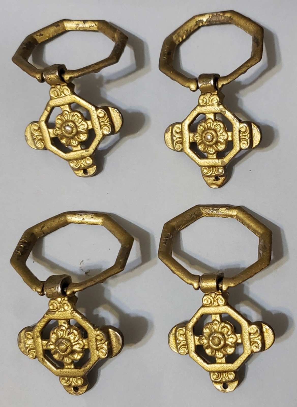 4 Keeler Brass Co Cast Brass Octagonal Ring Pulls F884 Mid-Century 1.75″ x 1.75″