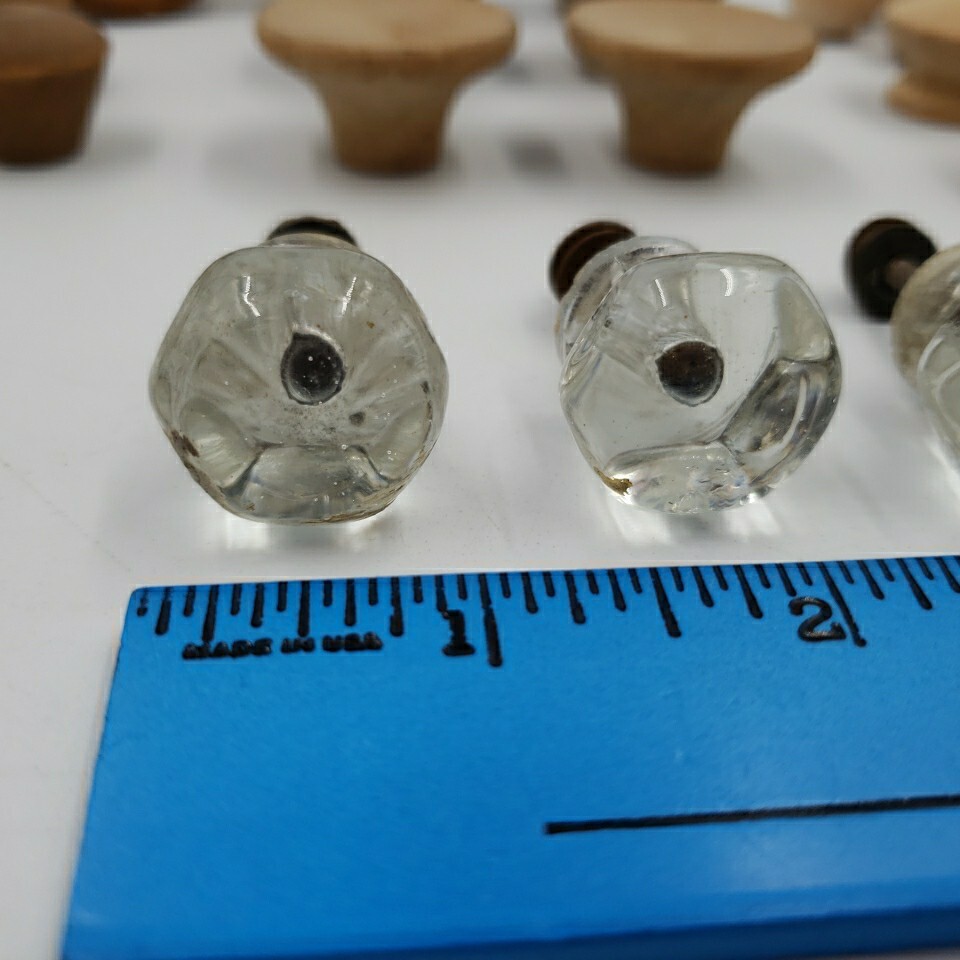 Vintage Lot of 28 Crystal Glass Wood Drawer Cabinet Pulls Knobs Handles Salvage
