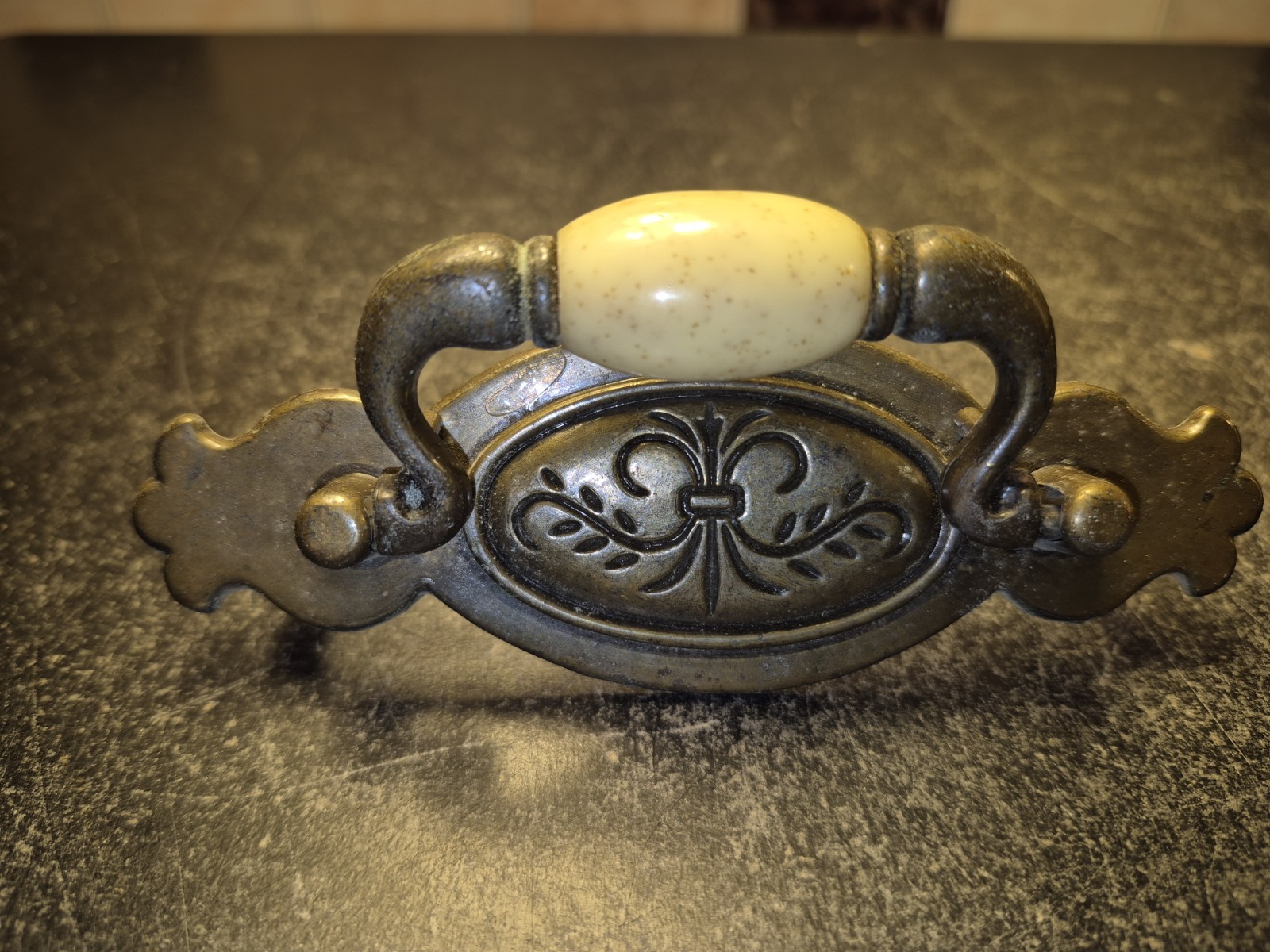 Vintage Brass Hardware Drawer Pulls With Beige Ceramic Center Bead Set Of 6