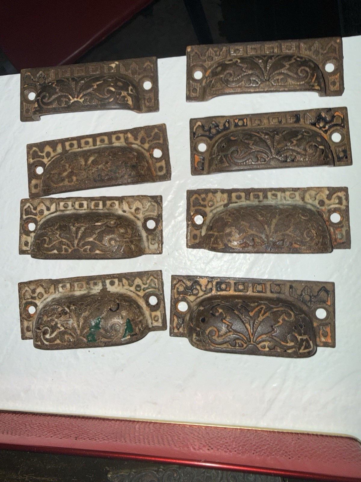 8 vintage VICTORIAN Art NOUVEAU cast IRON Eastlake CABINET drawer PULLS handles