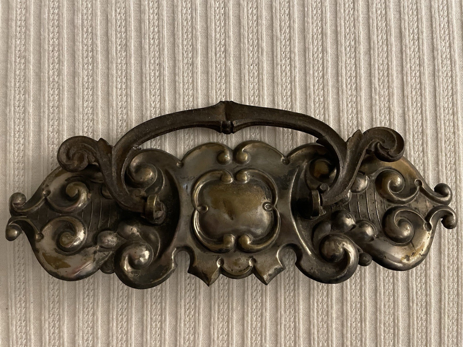 Ornate Victorian style door pull, pot metal, patina, rusted, bail pull
