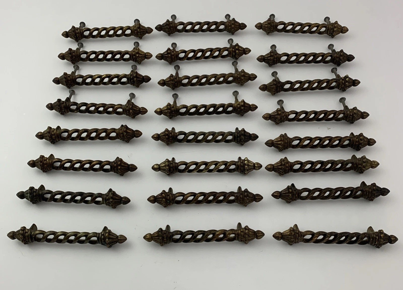 24 Vintage Keeler KBC Art Deco Ornate Twist Brass Drawer Cabinet Pulls Marked