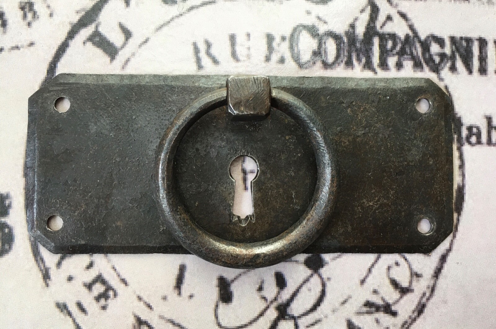 Vintage French Drawer Metal Hardware Drop Ring Pull Keyhole Cover Plate Salvage