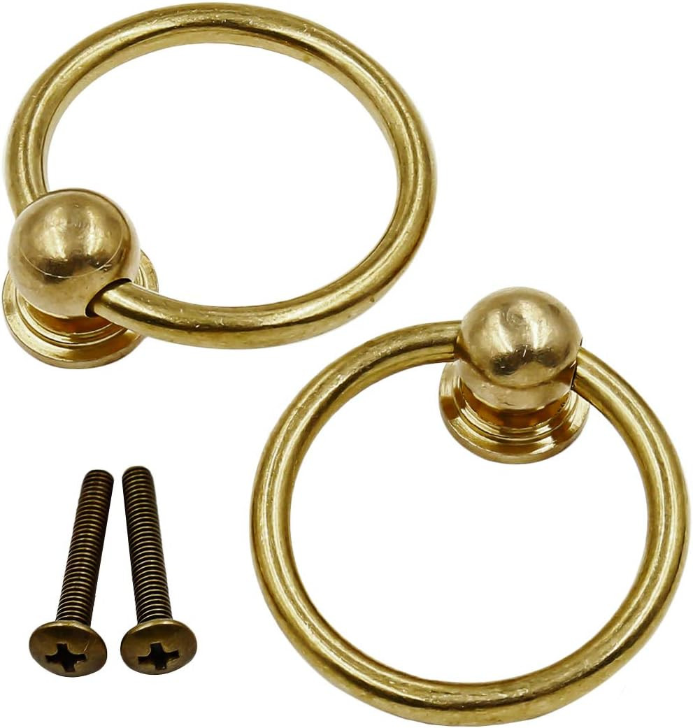 Brass Pulls Ring 2Pcs, 1.6 Inch Antique Drawer Knobs, Drop Ring Pulls Vintage So