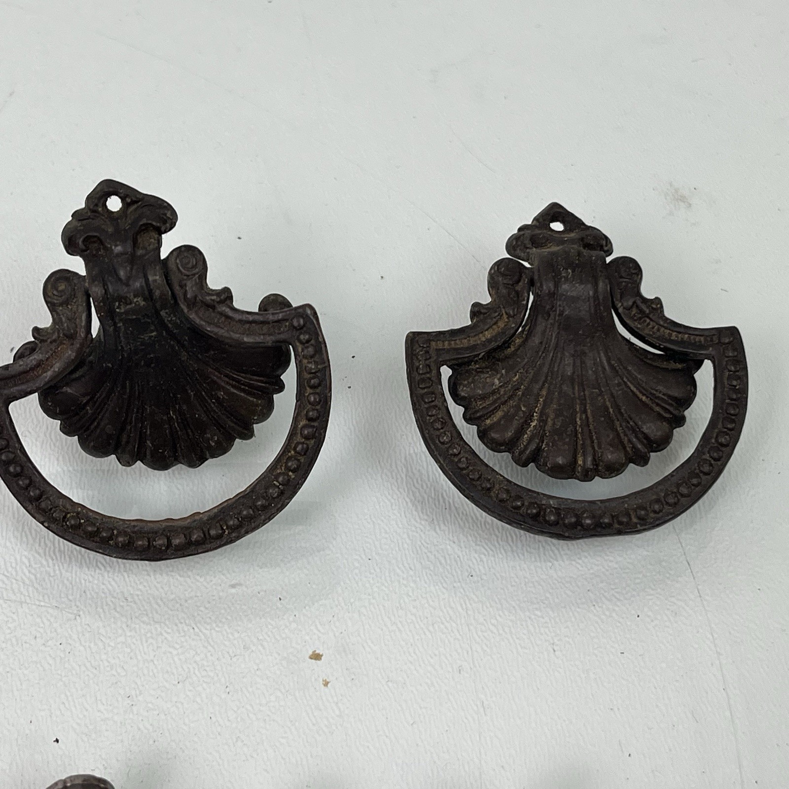 Vintage Victorian Art Nouveau Aged Brass Drawer Drop Pull Shell w/ Knobs LOT