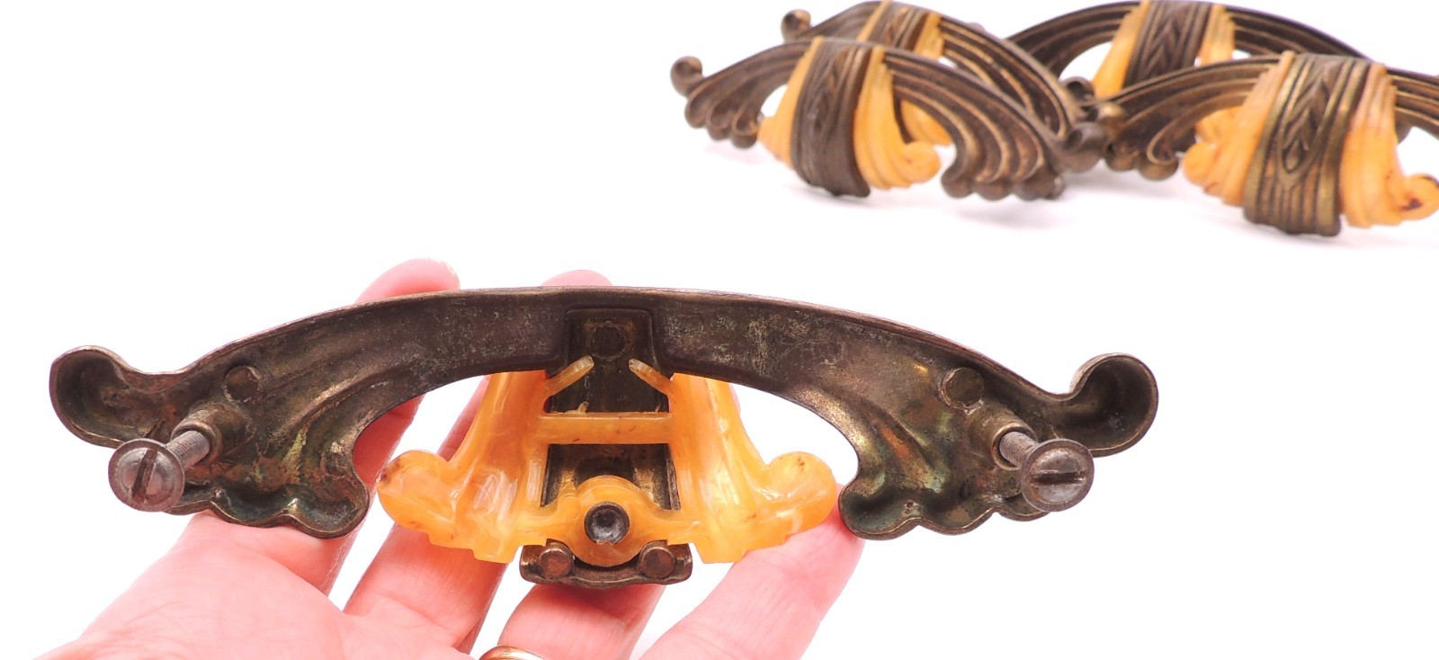 5 Art Deco Drawer Pull w/ Bakelite Vintage Knob Brasstone Waterfall Handle Set