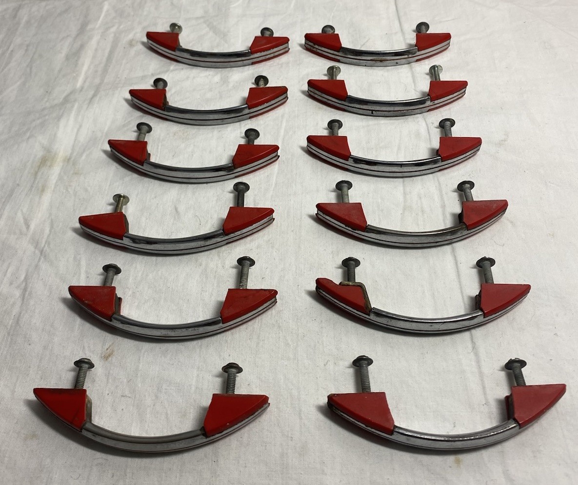 12 Vintage ART DECO MCM Diner Style Cabinet Handles Pulls Chrome Red Nice