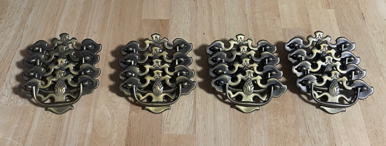16 Pc VTG Bassett Aged Brass Pineapple Drop Bail Drawer Pull Handles w/ Screws