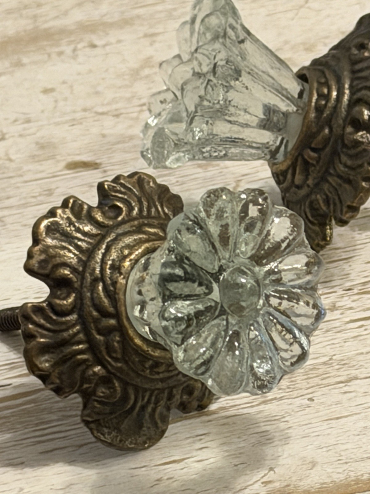 2 Antique Brass w/Glass Drawer Pulls Hardware Handles Vintage Cabinet Door Knob