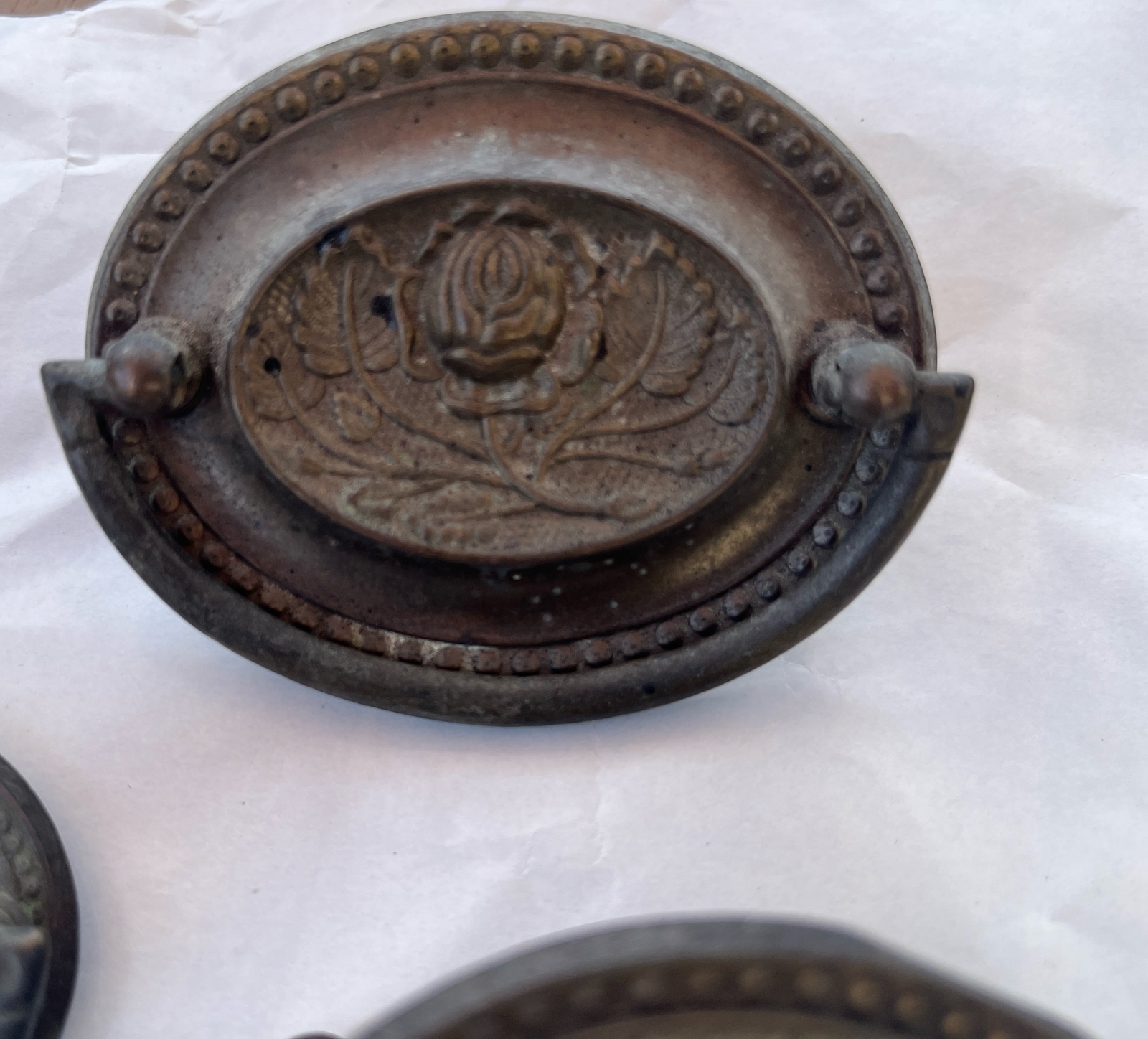 3 Antique Vintage Metal Drawer Drop Bail Oval Rose Leaf Center
