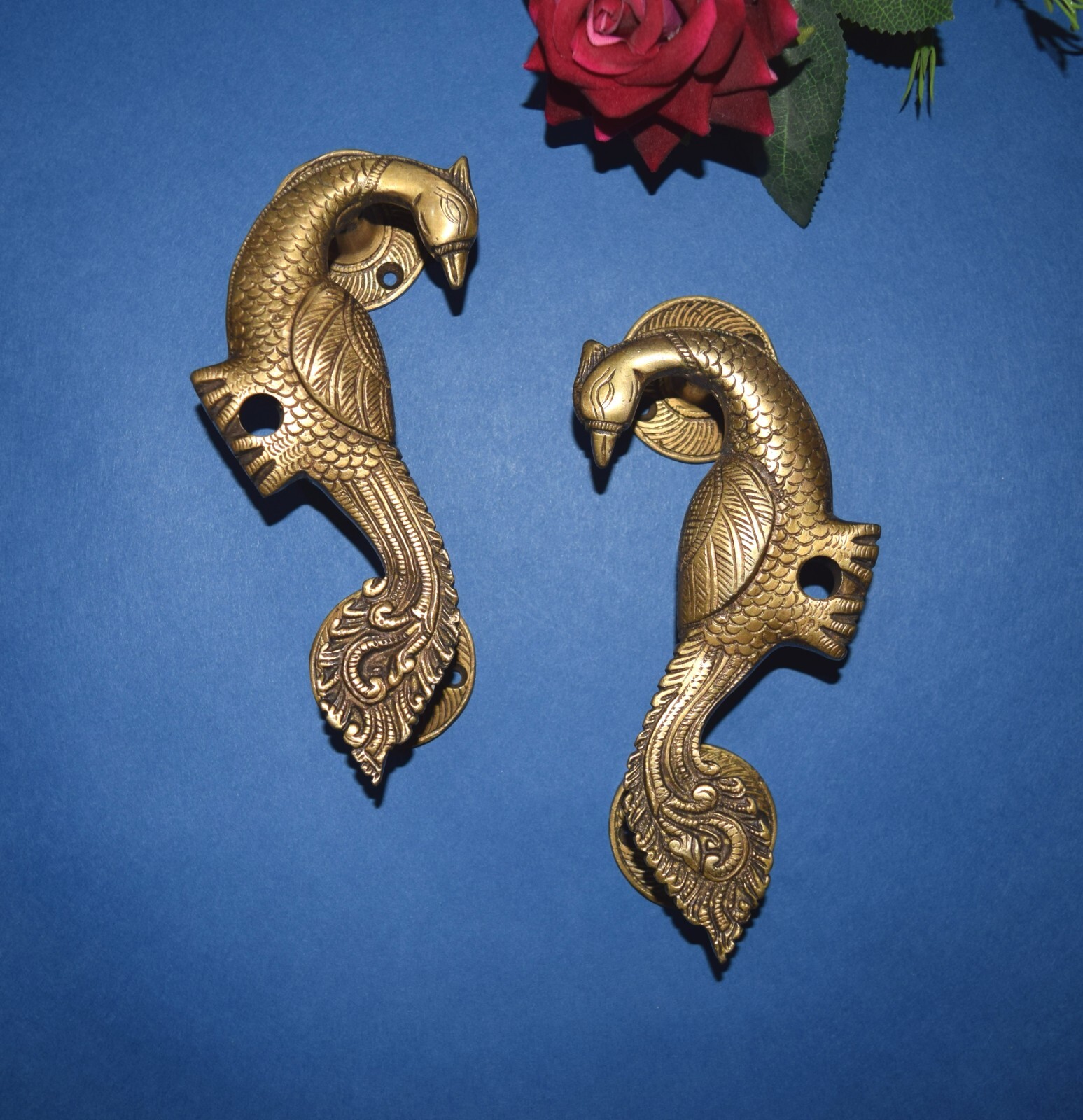 Curved Peafowl Engraved Front Door Puller Luxury Brass Peacock Door Handle HK246