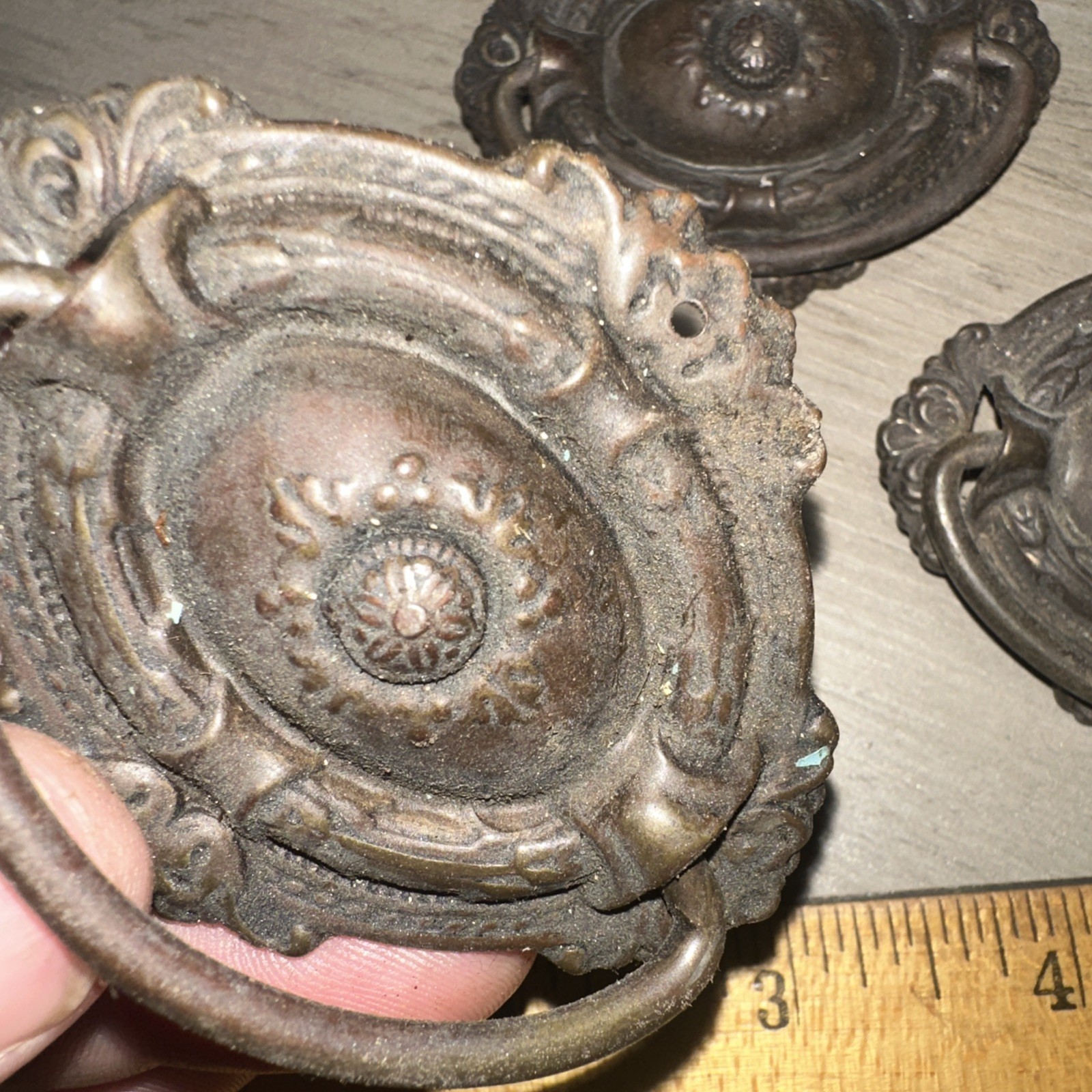 3 Antique Drop Handle Drawer Pulls. Beautiful Details & Patina!