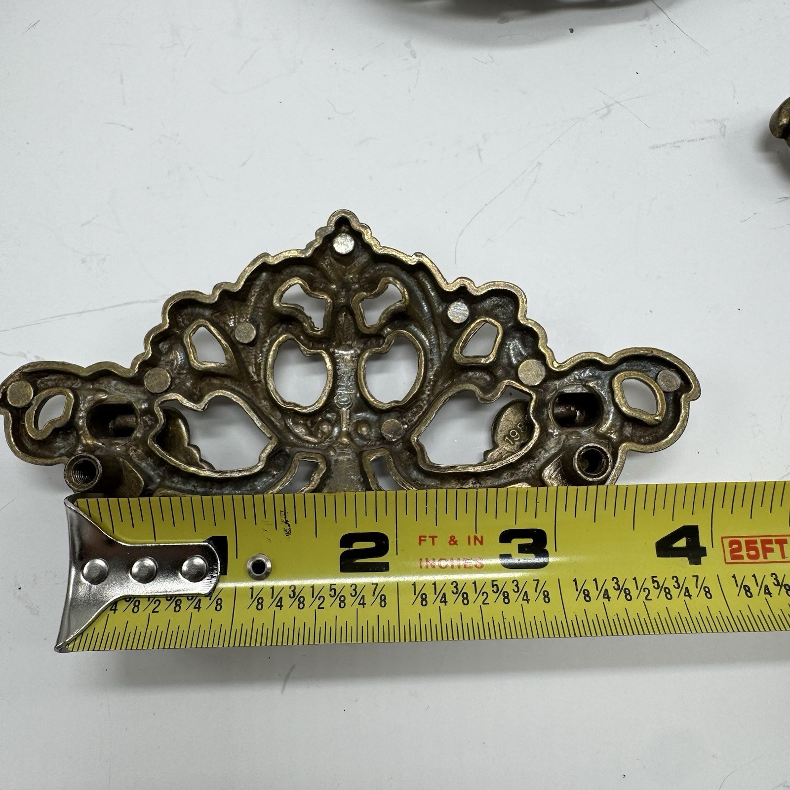 Vintage 1988 80s Antique Brass Bail Drop Drawer Pull Hardware Ornate Replacement