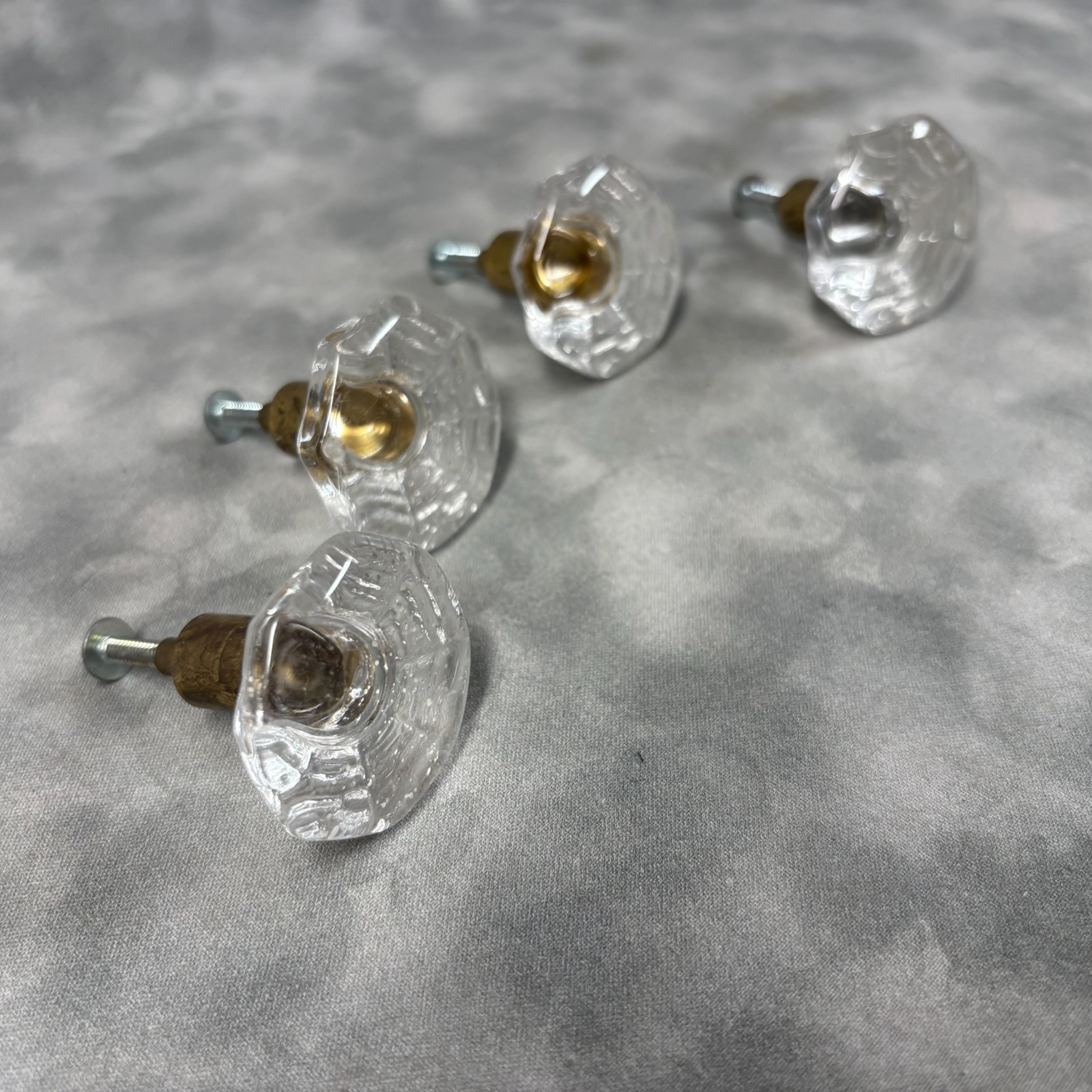 Set of 4 Vintage Glass Drawer Knobs Hexagonal Clear with Brass Center Used