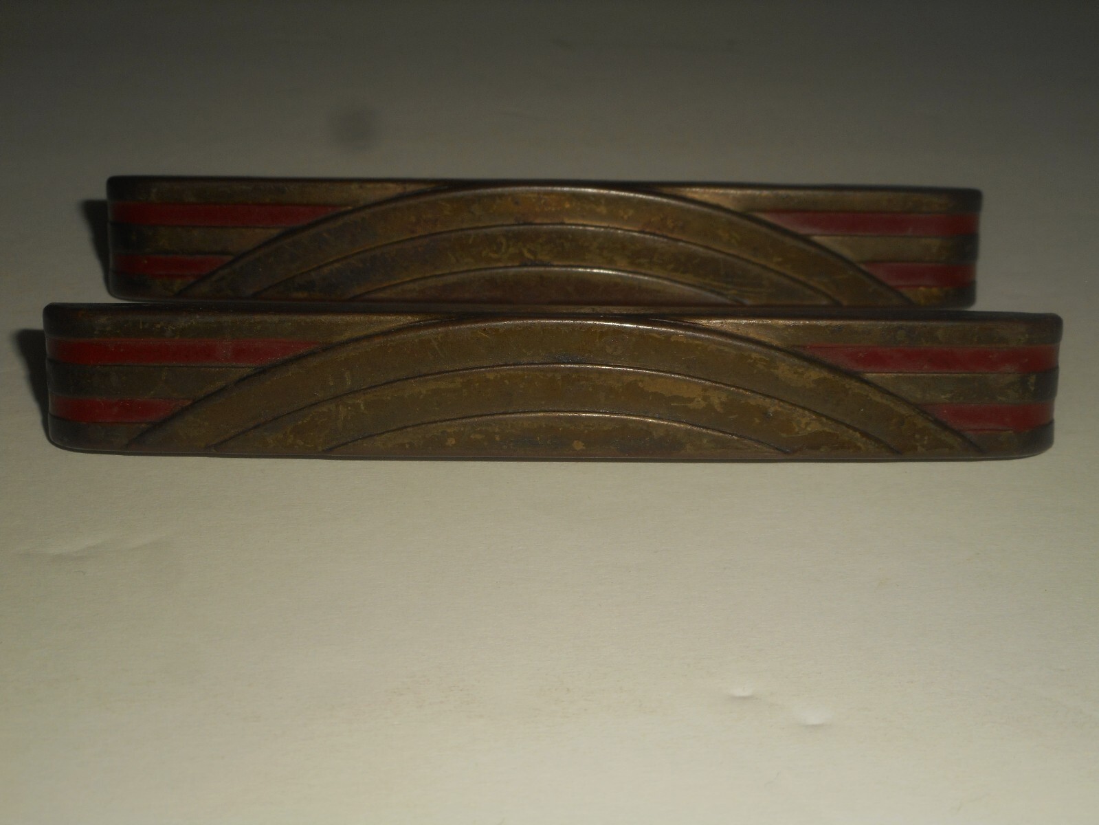 Antique ART DECO Dresser Drawer Pulls Pressed Metal WATERFALL ARCHES Red Paint 4