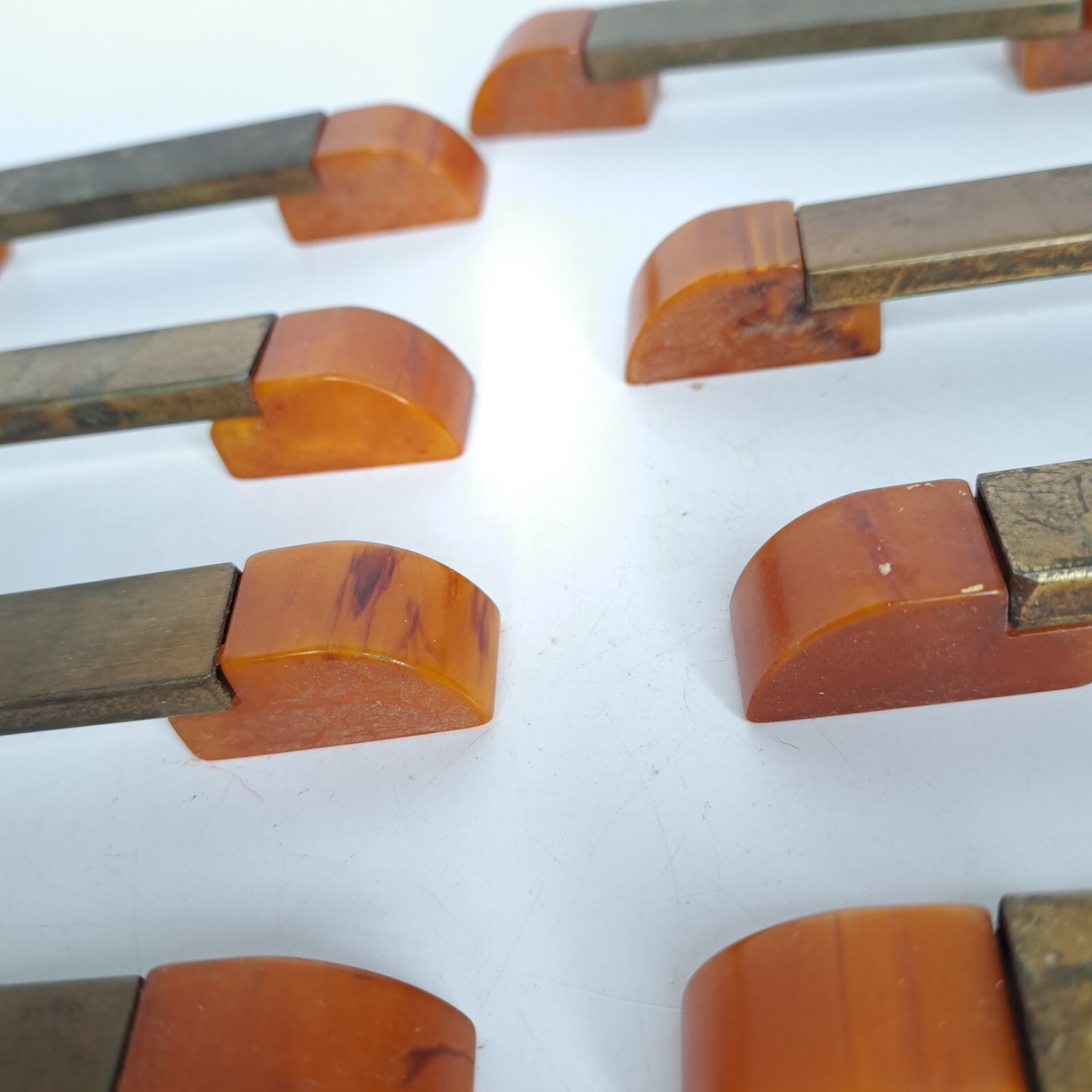 9 Antique ART DECO Butterscotch Bakelite Brass Plated Bar Drawer Pulls Reclaimed