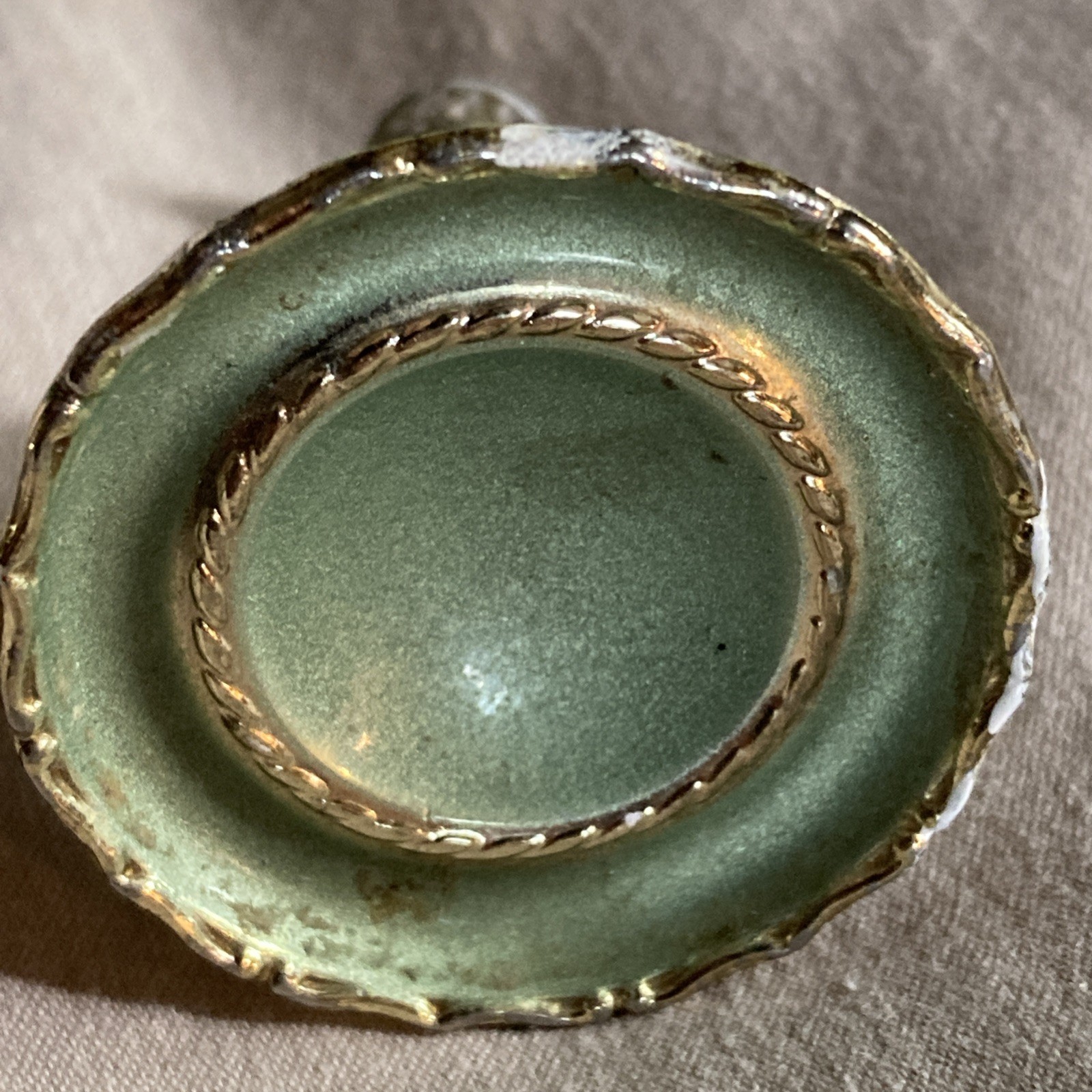 2 Vintage Brass Ajax Drawer Pulls Cabinet Knobs Pearlescent Green Gold Trim