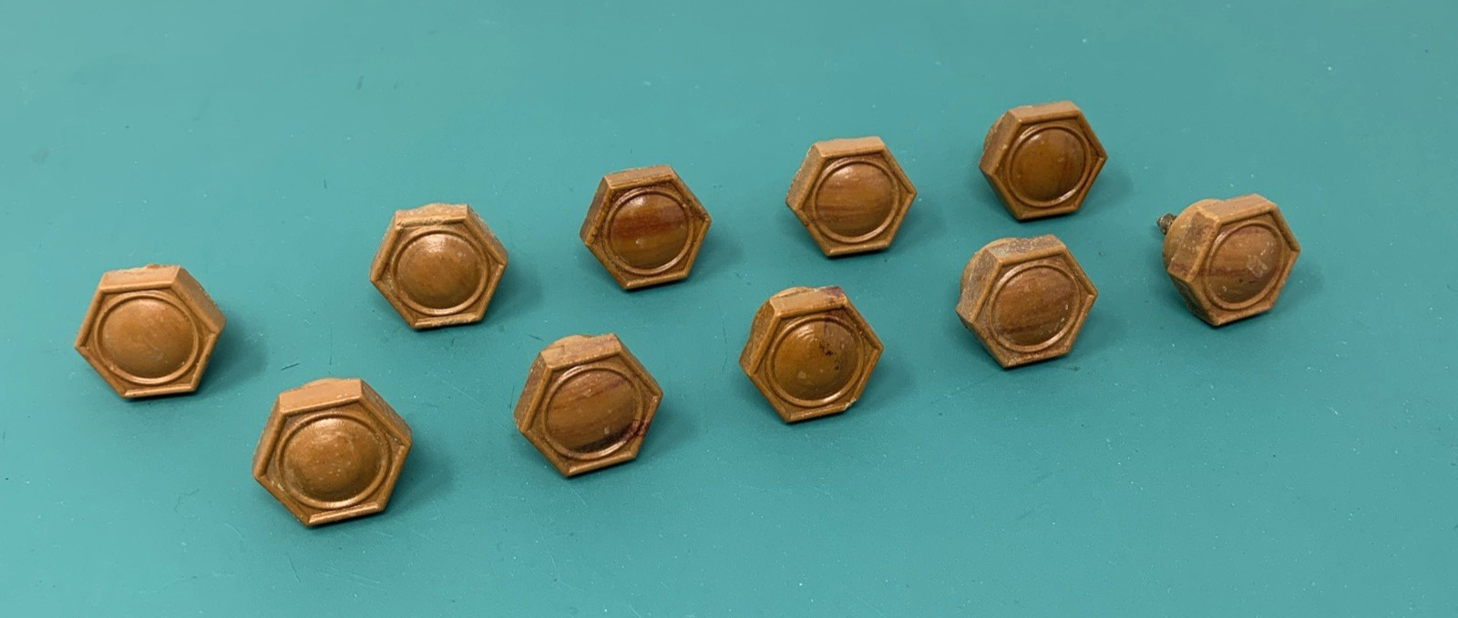 Bakelite Celluloid Butterscotch Wood Look Art Deco Drawer Pulls Knobs Set of 10