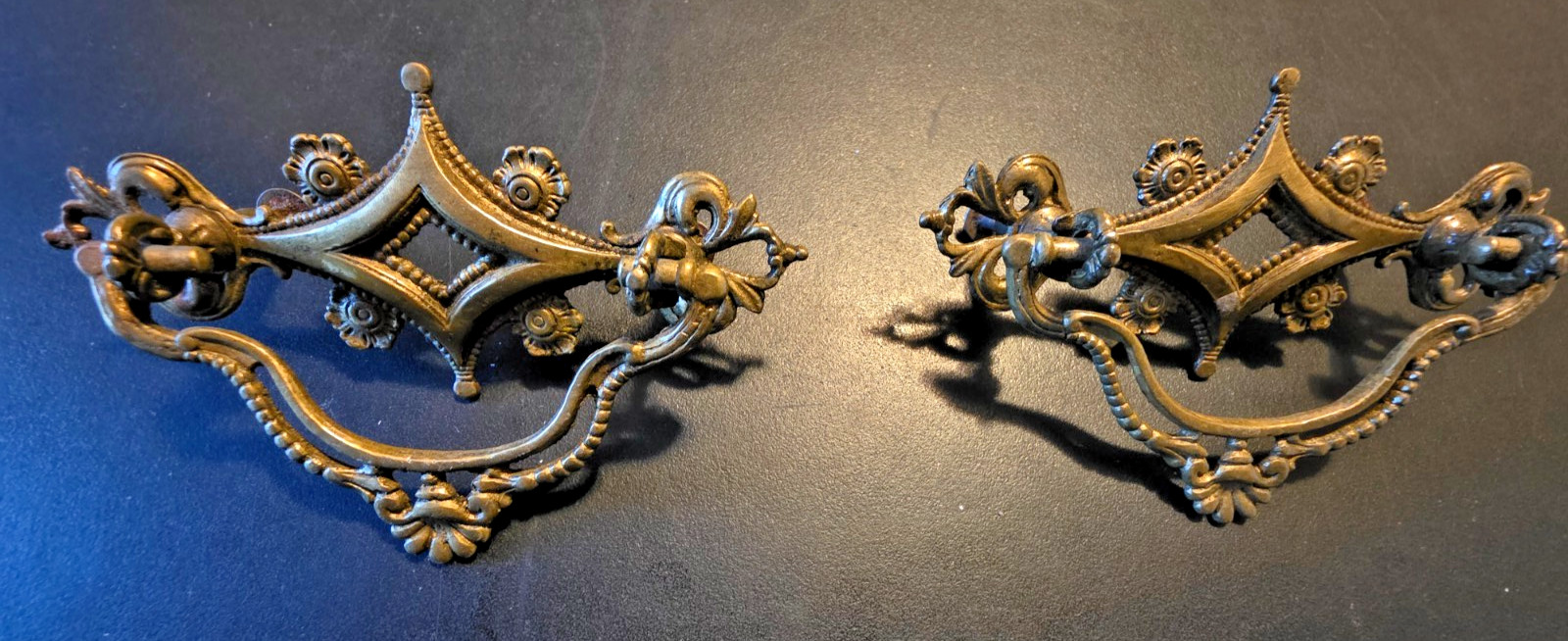Pair of Antique Cast Bronze Drop Bail Drawer Pulls Naturally Aged