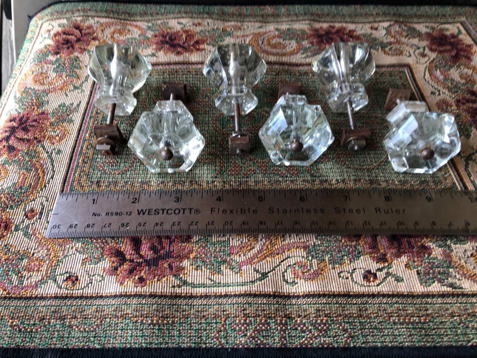 Lot of 6 Vintage 6~Sided Hexagonal Clear Glass Drawer Knobs 1.5″ w/ Hardware