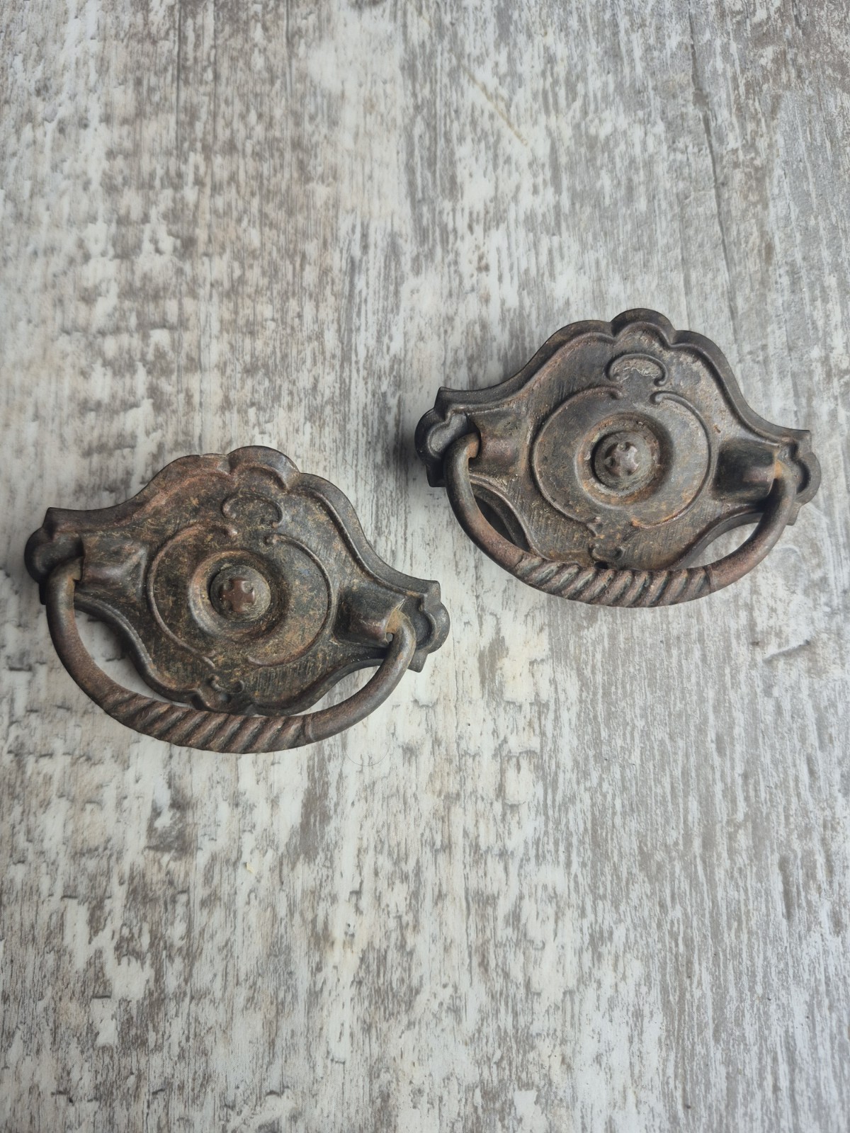 2 Vintage Antique Ornate Drawer Drop Bail Pull Pressed Steel