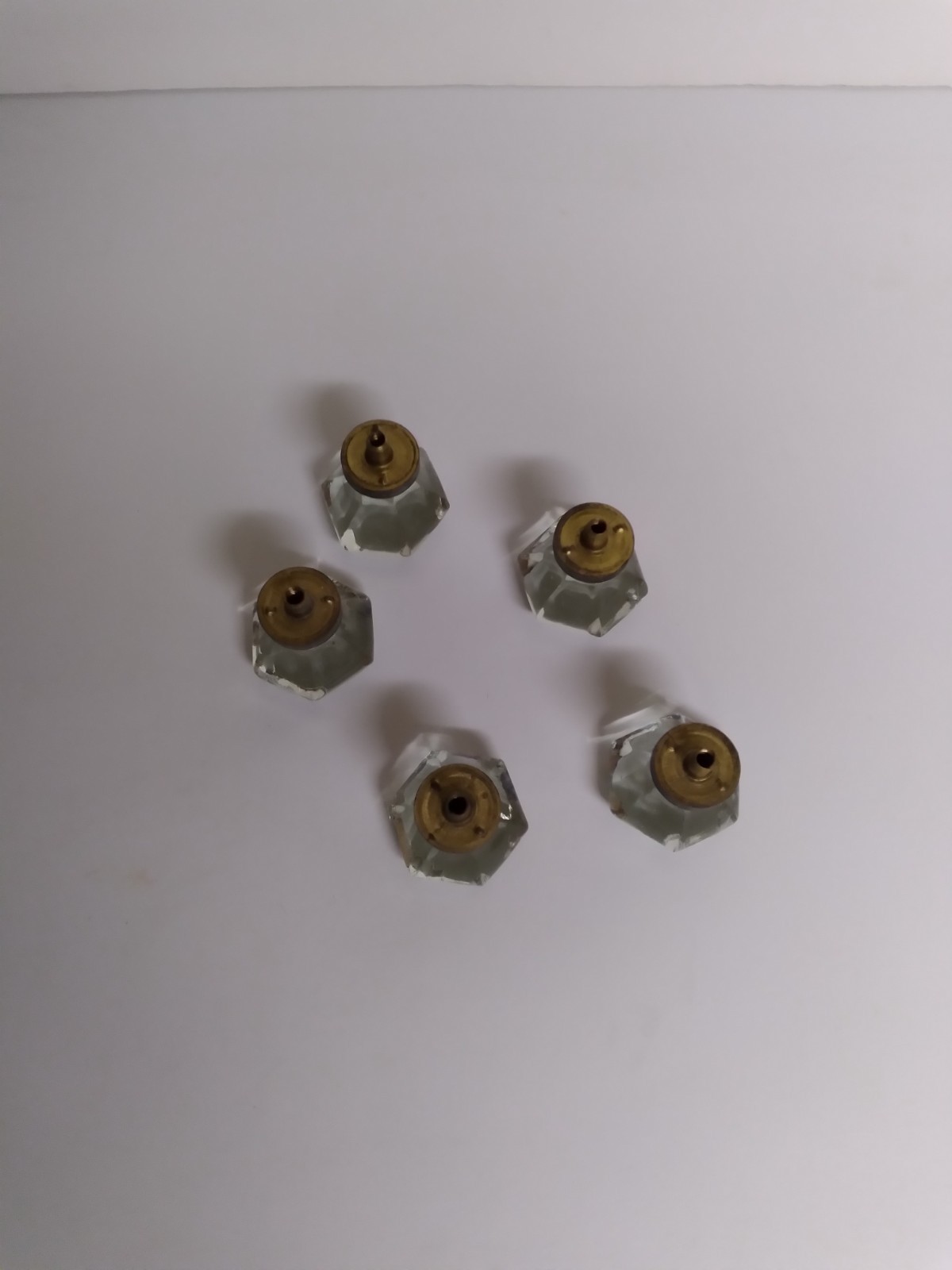 Vintage Clear Glass Drawer Knob Pull Hexagon Inset Pattern Lot Five 1 1/4″ SALE