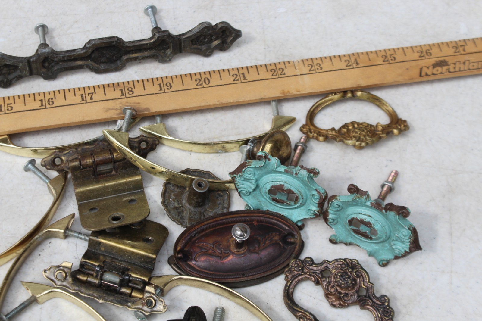 Huge Lot Antique Vintage Brass Drawer Pulls Knobs Handles Hardware Cover Plates