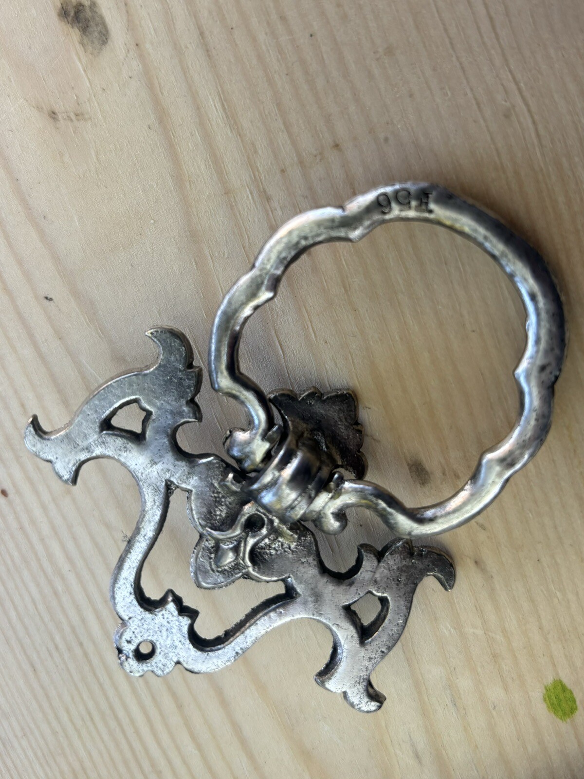 RARE Silver Nickel Antique Hardware Drawer Pull Victorian Brass Drop Ring F205