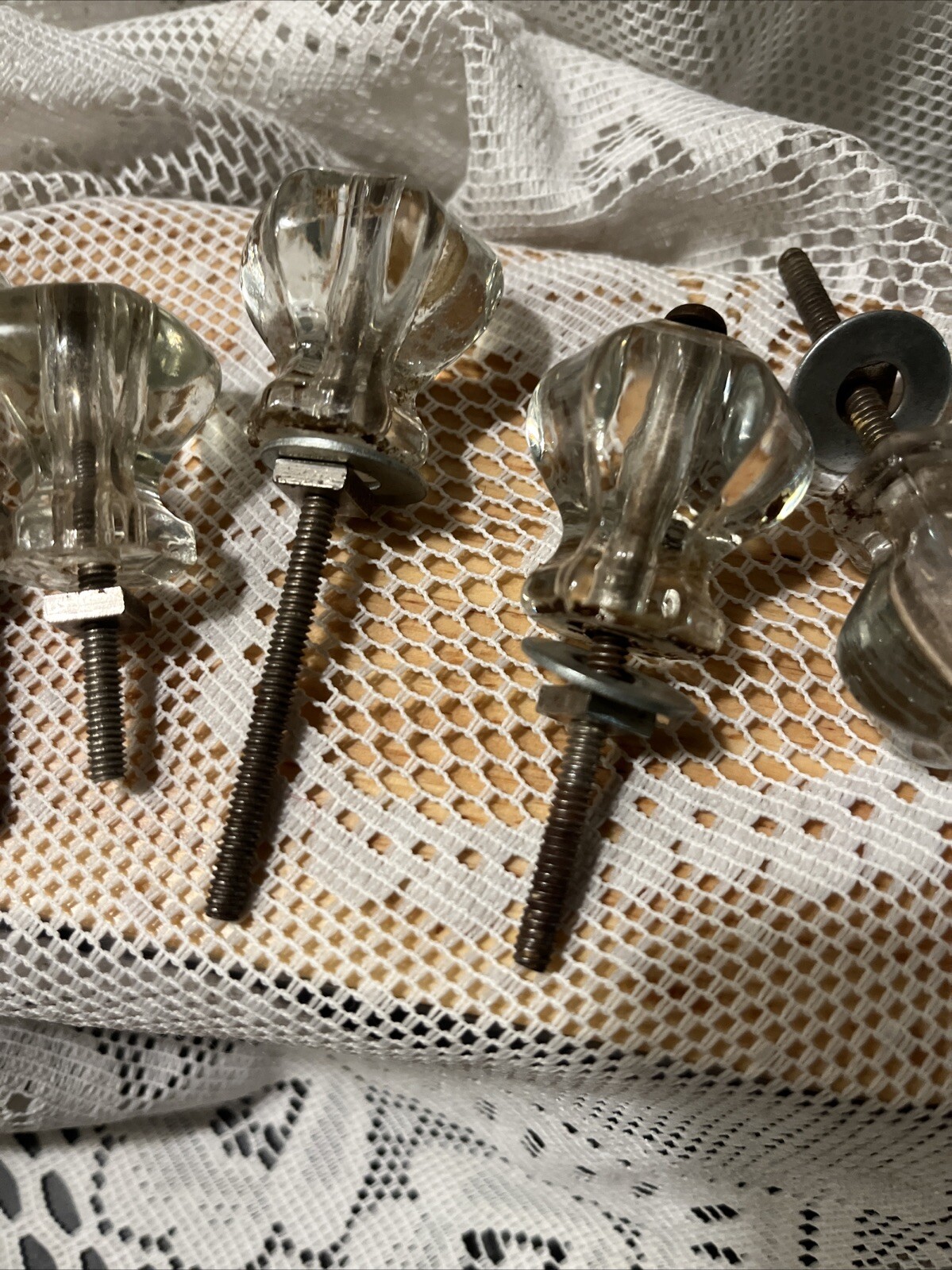 5 Vintage Antique Clear Glass Hexagon Dresser Drawer Cabinet Pulls Knob 1 1/2″