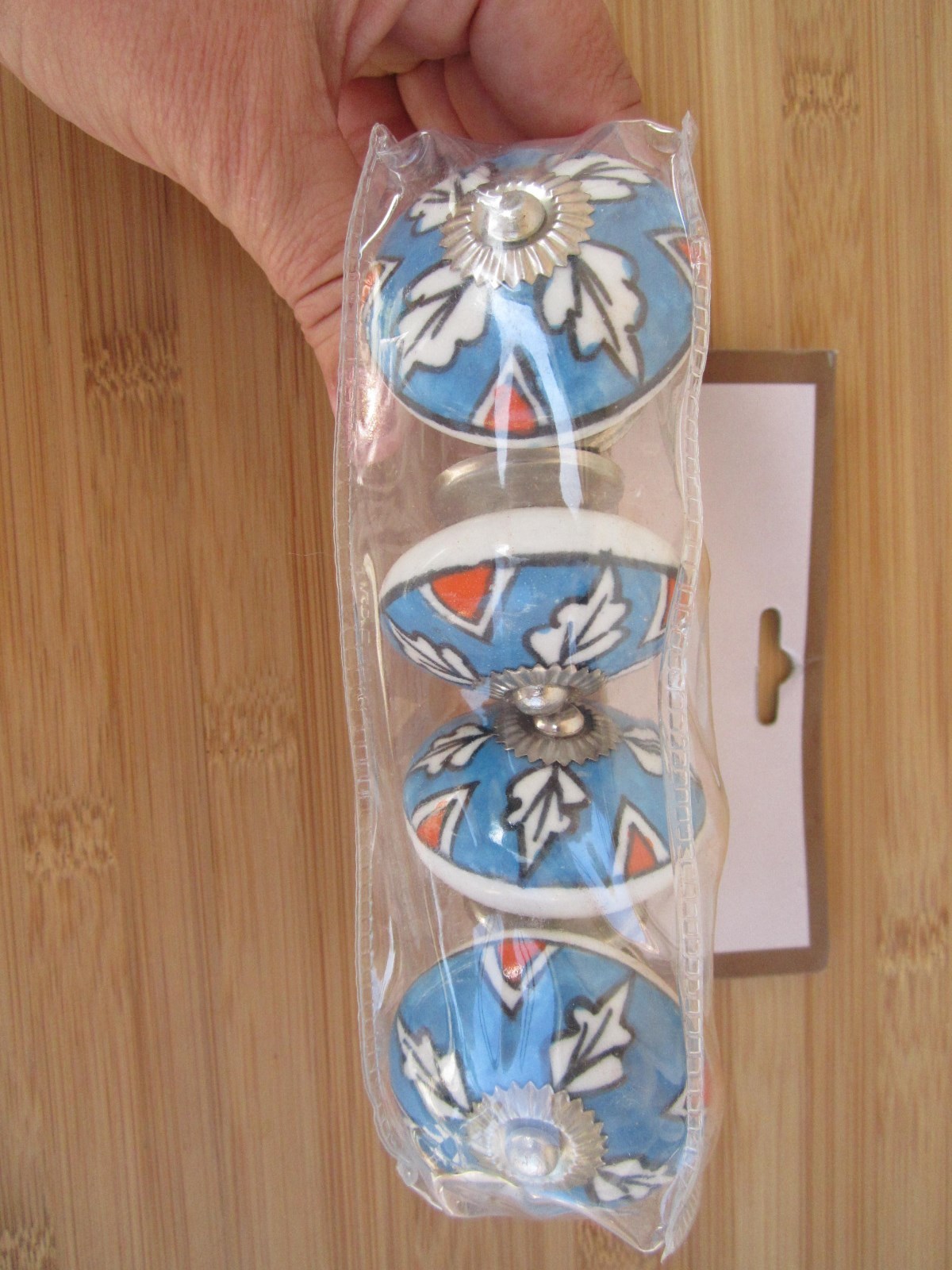 NEW Drawer Pulls Set of 4 Ceramic Ivory Blue Orange Knobs Knob