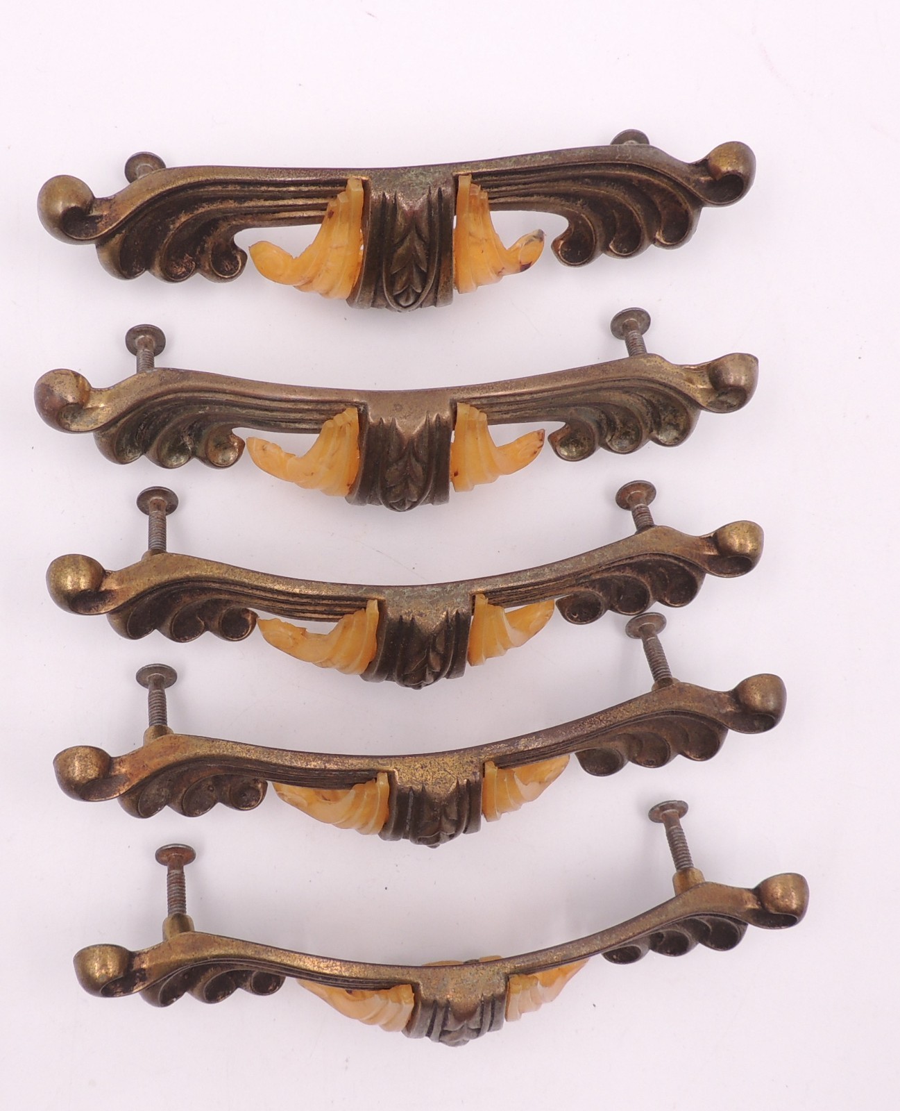 5 Art Deco Drawer Pull w/ Bakelite Vintage Knob Brasstone Waterfall Handle Set