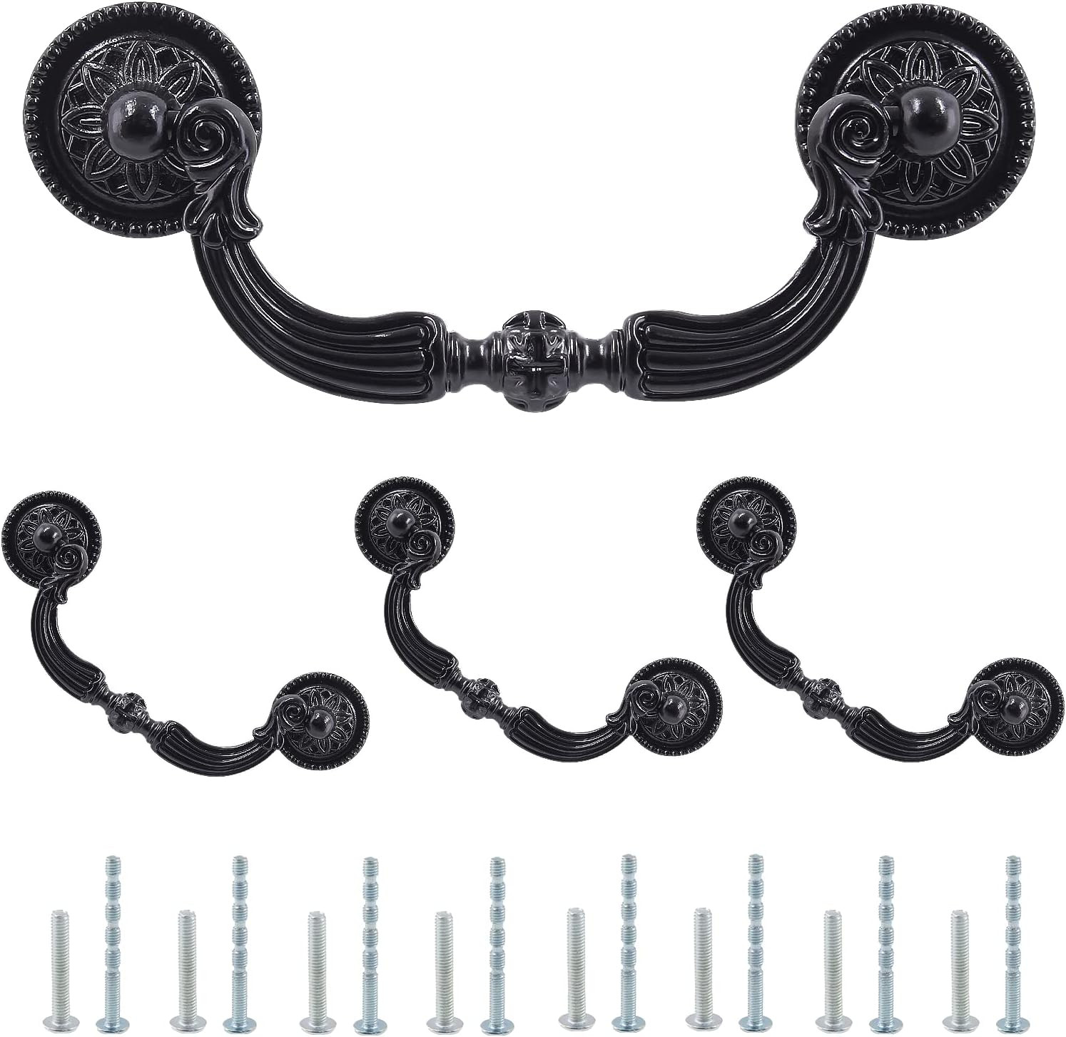 4 Pack Antique Drop Drawer Pull, 3.5 Inch Hole Center, Black | Vintage Bail