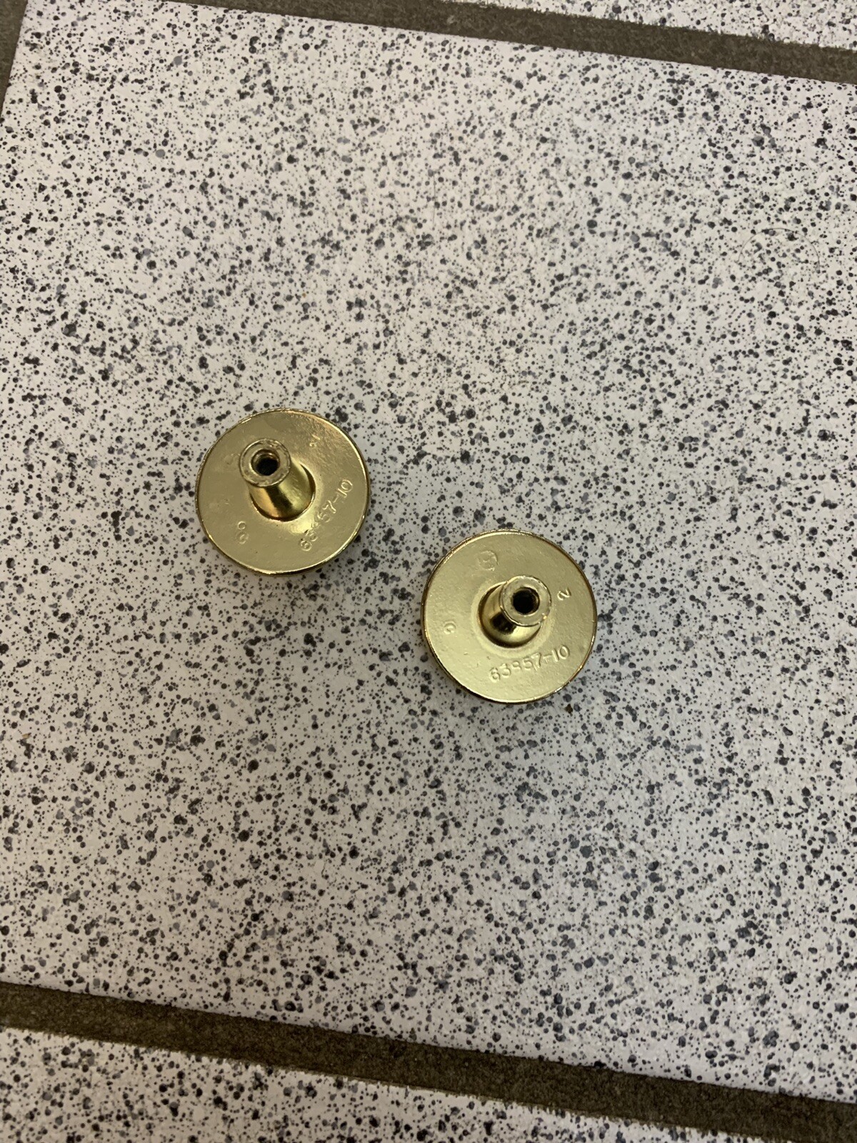 2 Knobs Beige Ceramic Brass Round Pulls Cabinet Drawer Heavy Mid Century Vintage