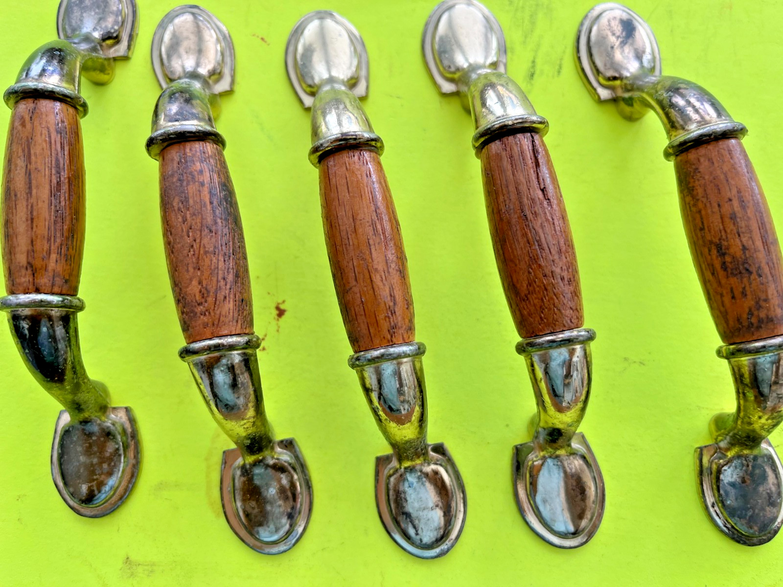 5 Vintage Wood and white metal Cabinet Pulls 3″ c x c Drawer Handles
