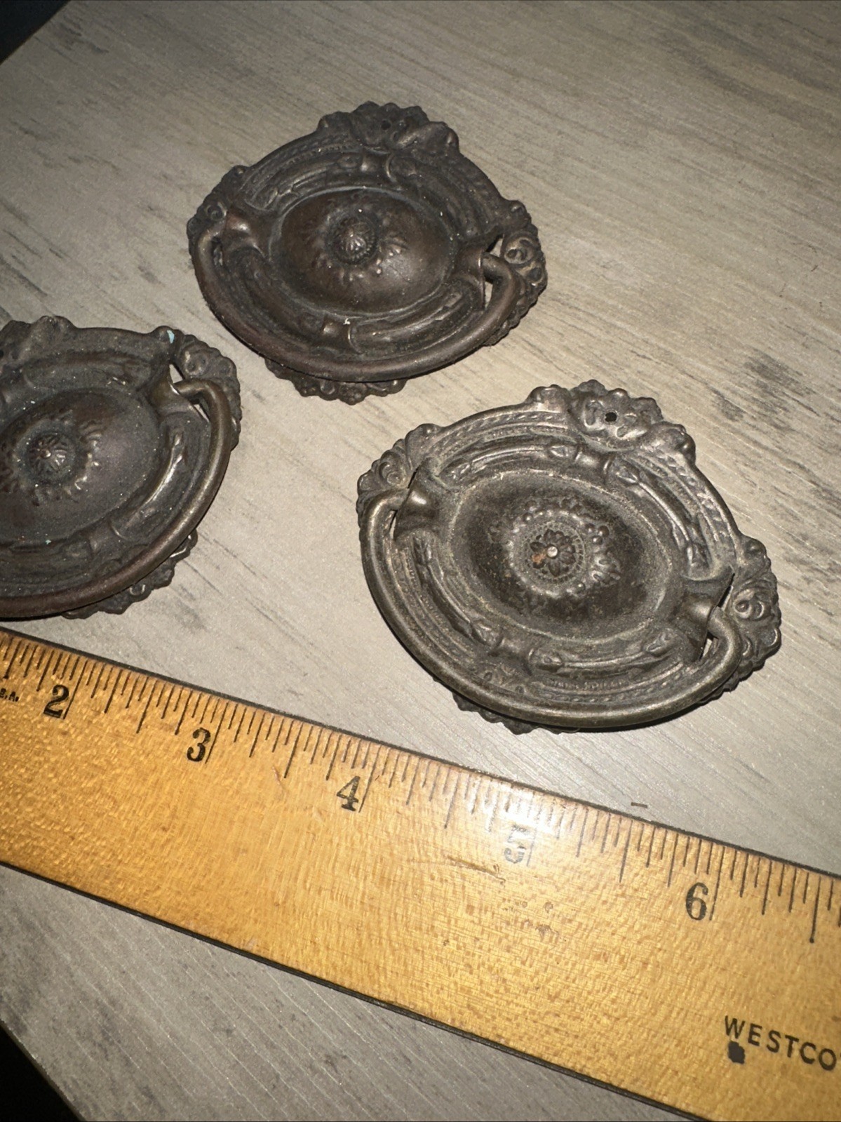 3 Antique Drop Handle Drawer Pulls. Beautiful Details & Patina!