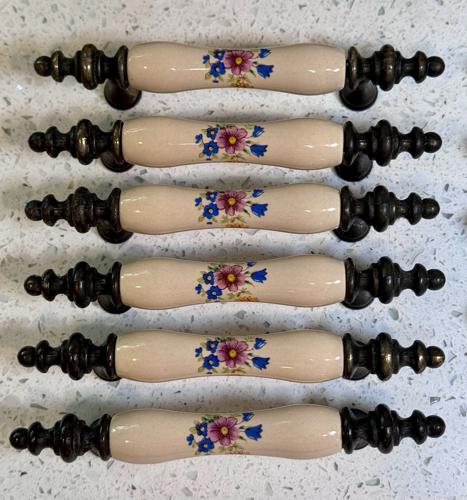 1960’s Vintage Antique Brass Ceramic Floral Drawer Cabinet Pull Handle Set of 28