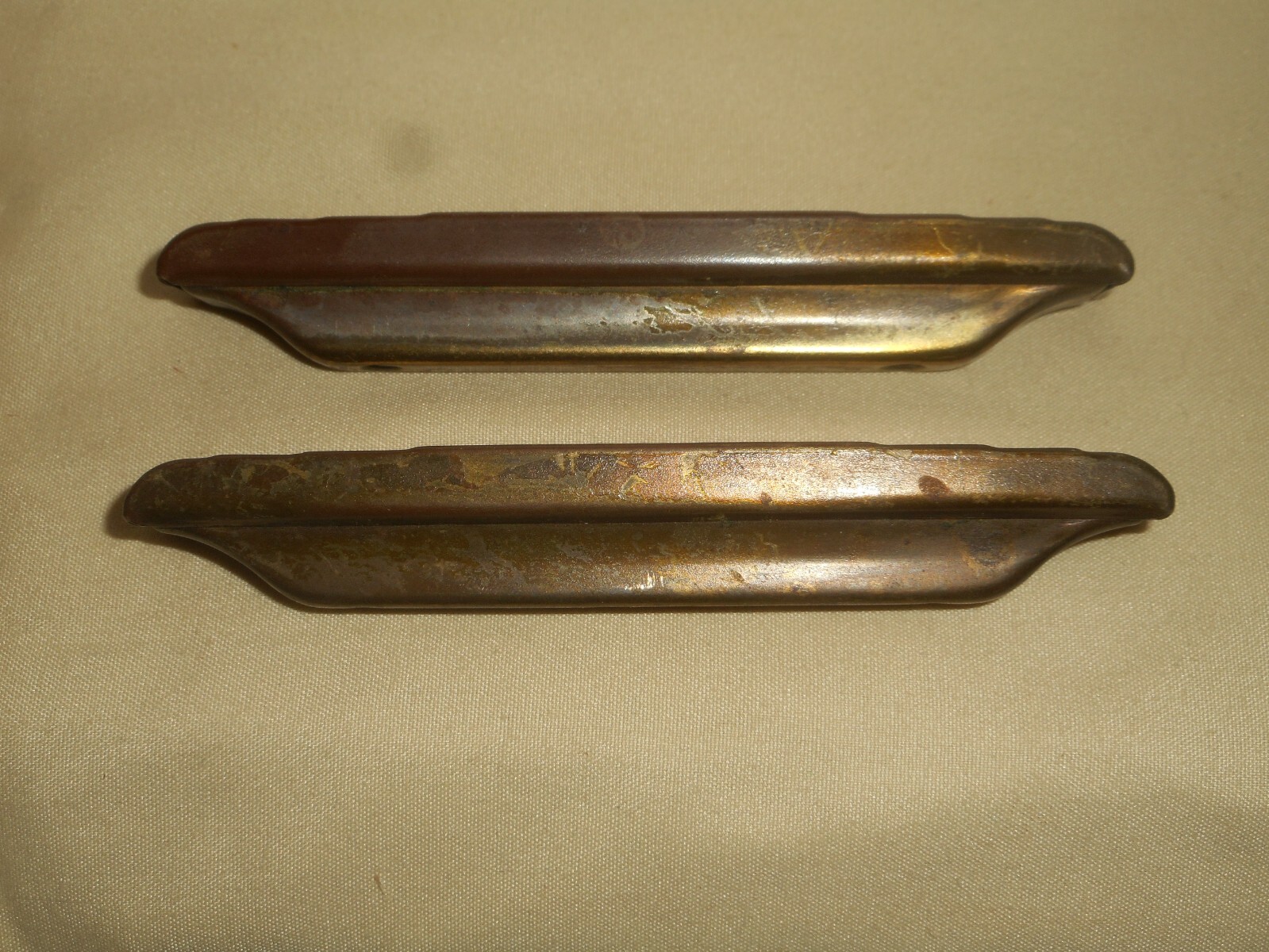 Antique ART DECO Dresser Drawer Pulls Pressed Metal WATERFALL ARCHES Red Paint 4