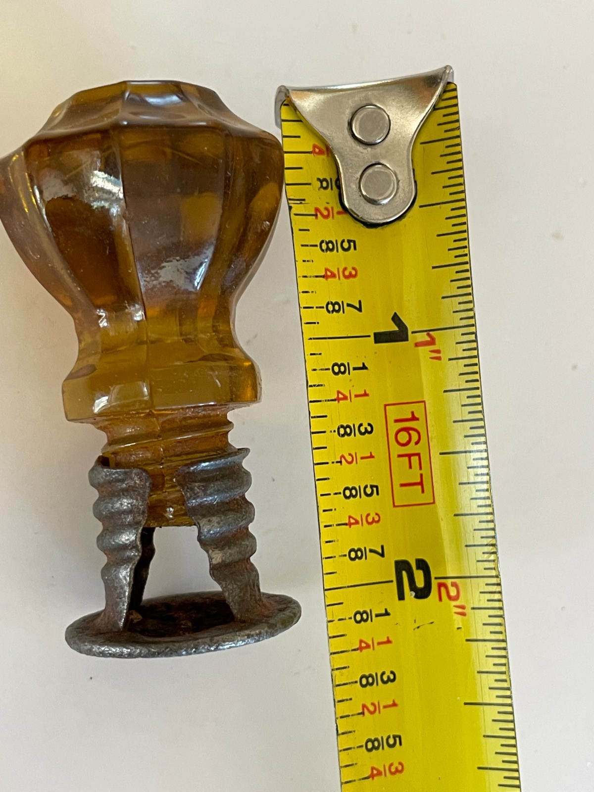 ONE Antique Amber Glass Faceted Knob Pull w/ Threaded Post and Screw Original