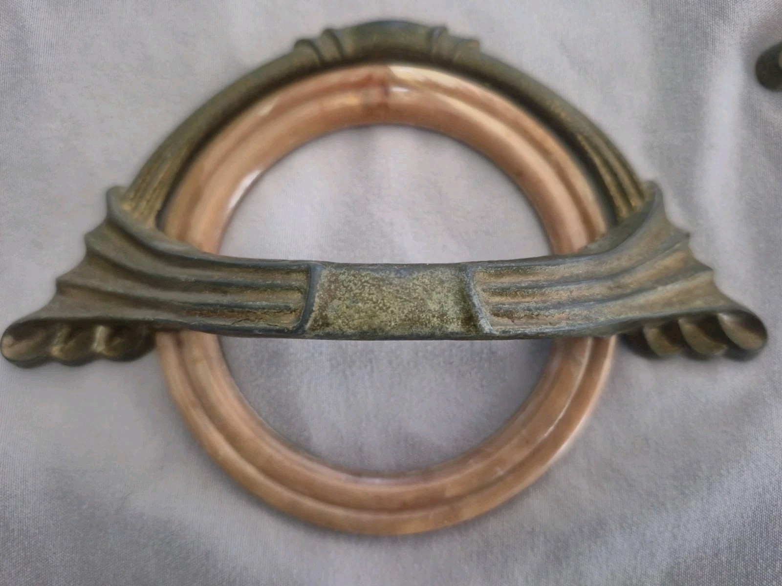 Vintage Art Deco Bakelite Drawer Pulls Peach Pink Marble Wheat Sheaf Hardware