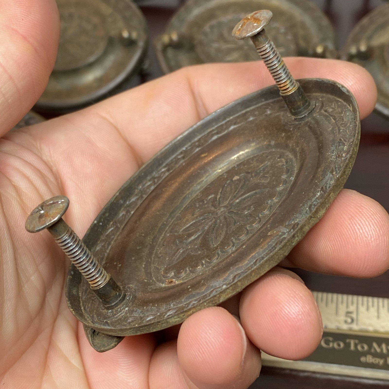 2.5” Hepplewhite Drop Bail Oval Antique Brass Plated 12 Vtg drawer Pulls handles
