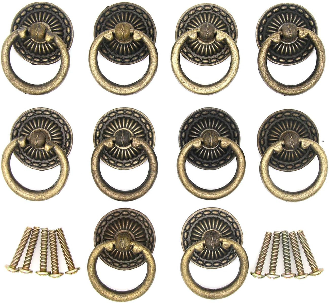 10 Vintage Antique Brass Ring Pull Handles for Cabinets or Drawers – 10 Pcs