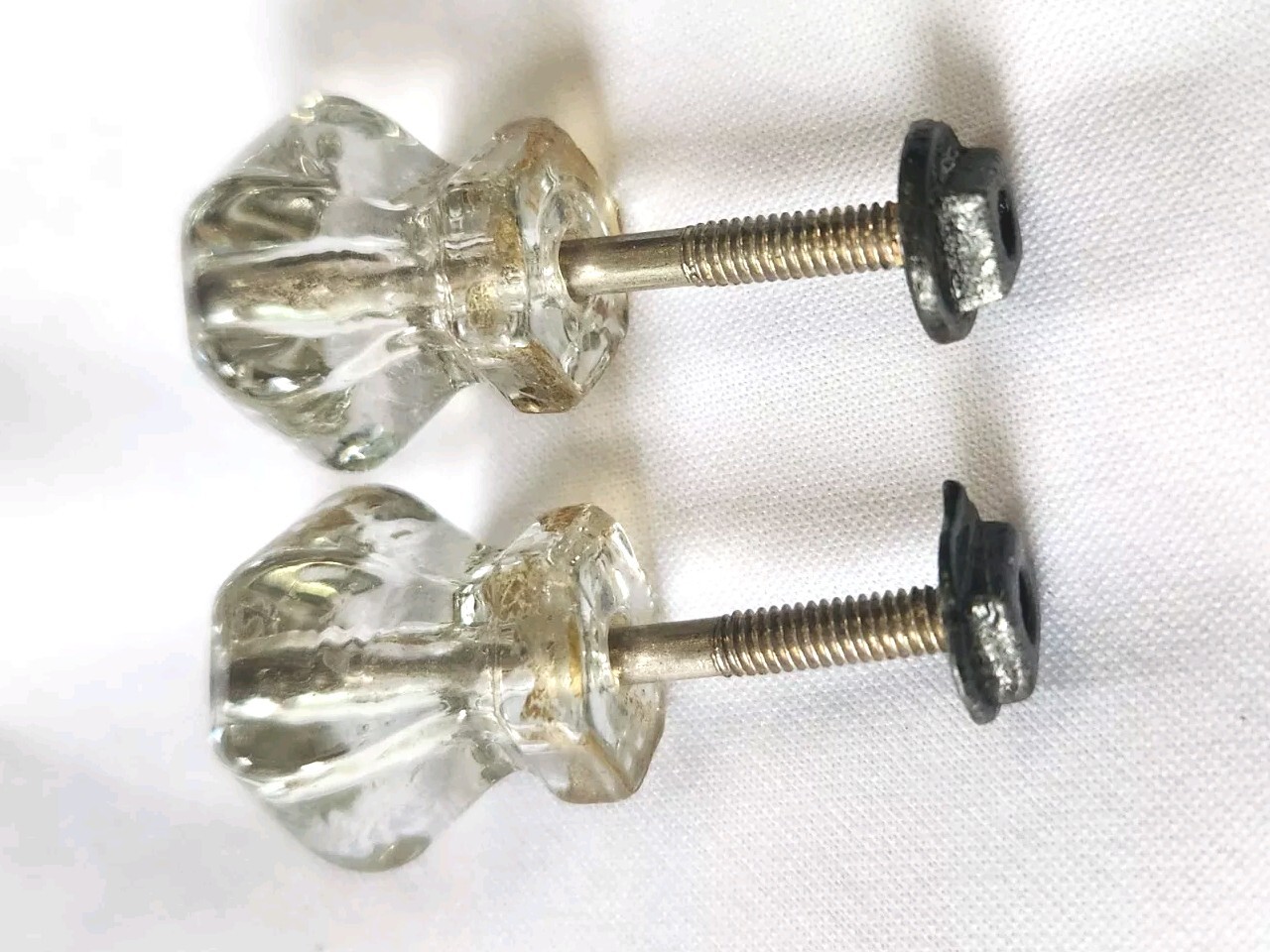 Vintage Clear Hexagon Gem Cut Glass Drawer Cabinet Knob Set Of 2
