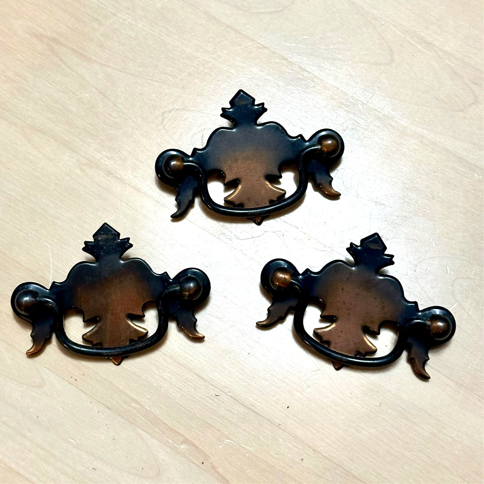 Vintage Chippendale Batwing Brass Antique Copper Drop Bail Drawer Pulls SET OF 3