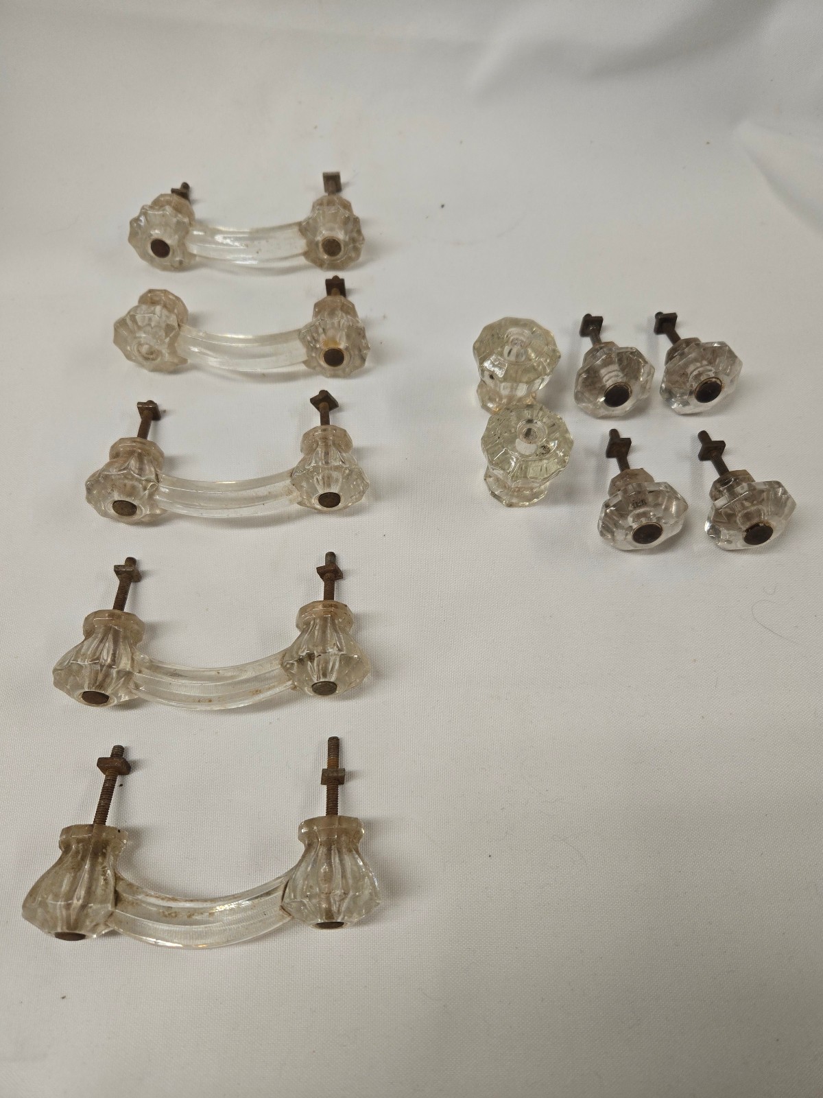 LOT of 11 Vintage Clear Glass Furniture HARDWARE Knobs Drawer Pulls 3” Center