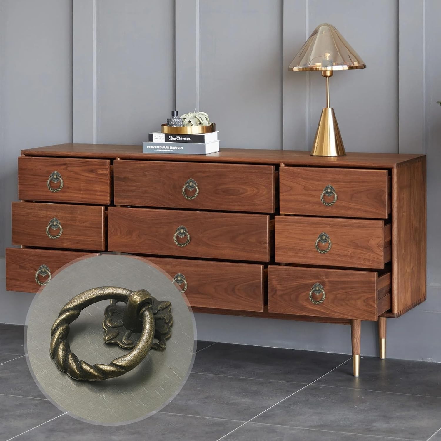 6Pcs Antique Brass Drop Ring Drawer Pulls, Vintage Cabinet Ring Handles, Metal D