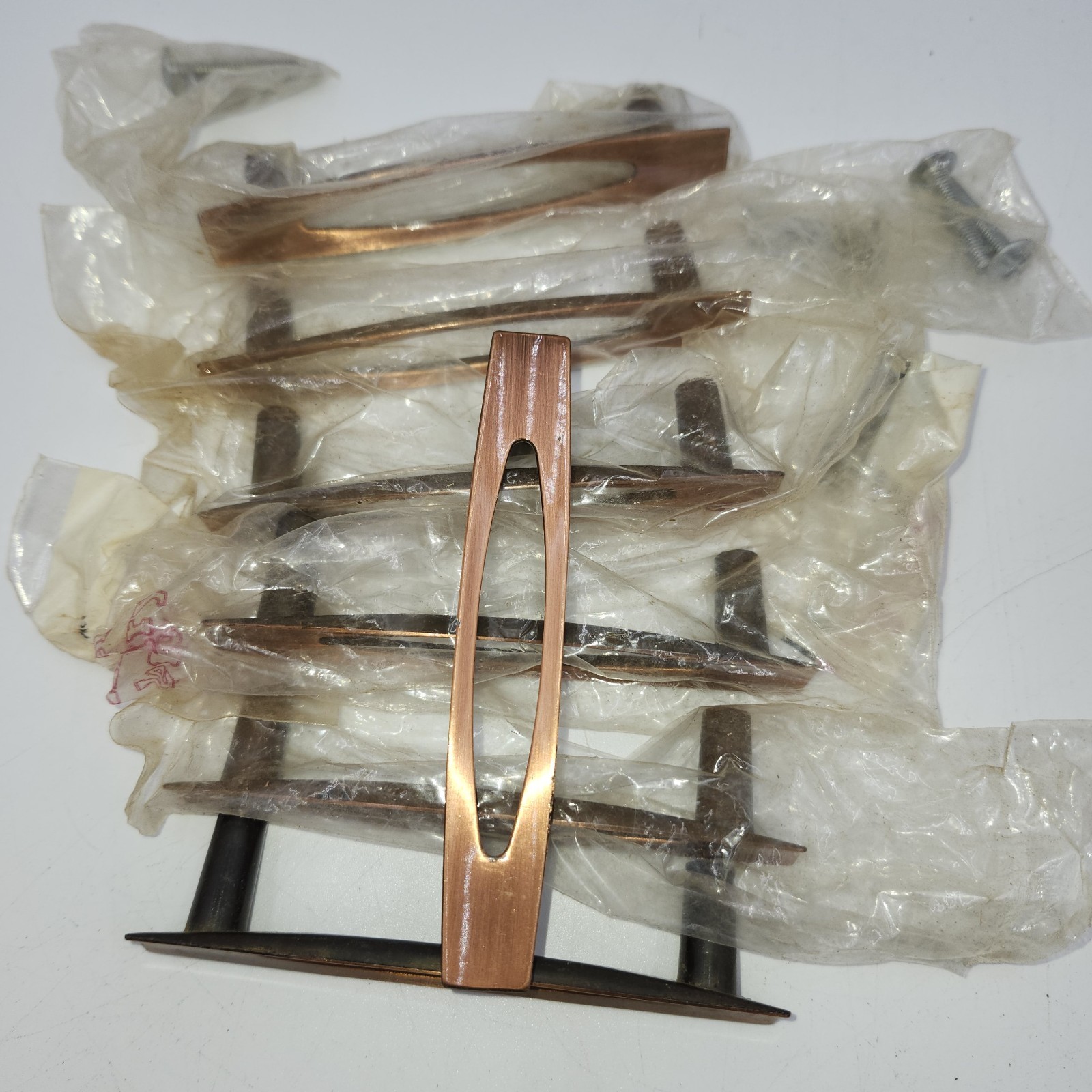 6 Vtg Mid Century NOS Ajax Copper Square Atomic Drawer Pulls Cabinet Hardware