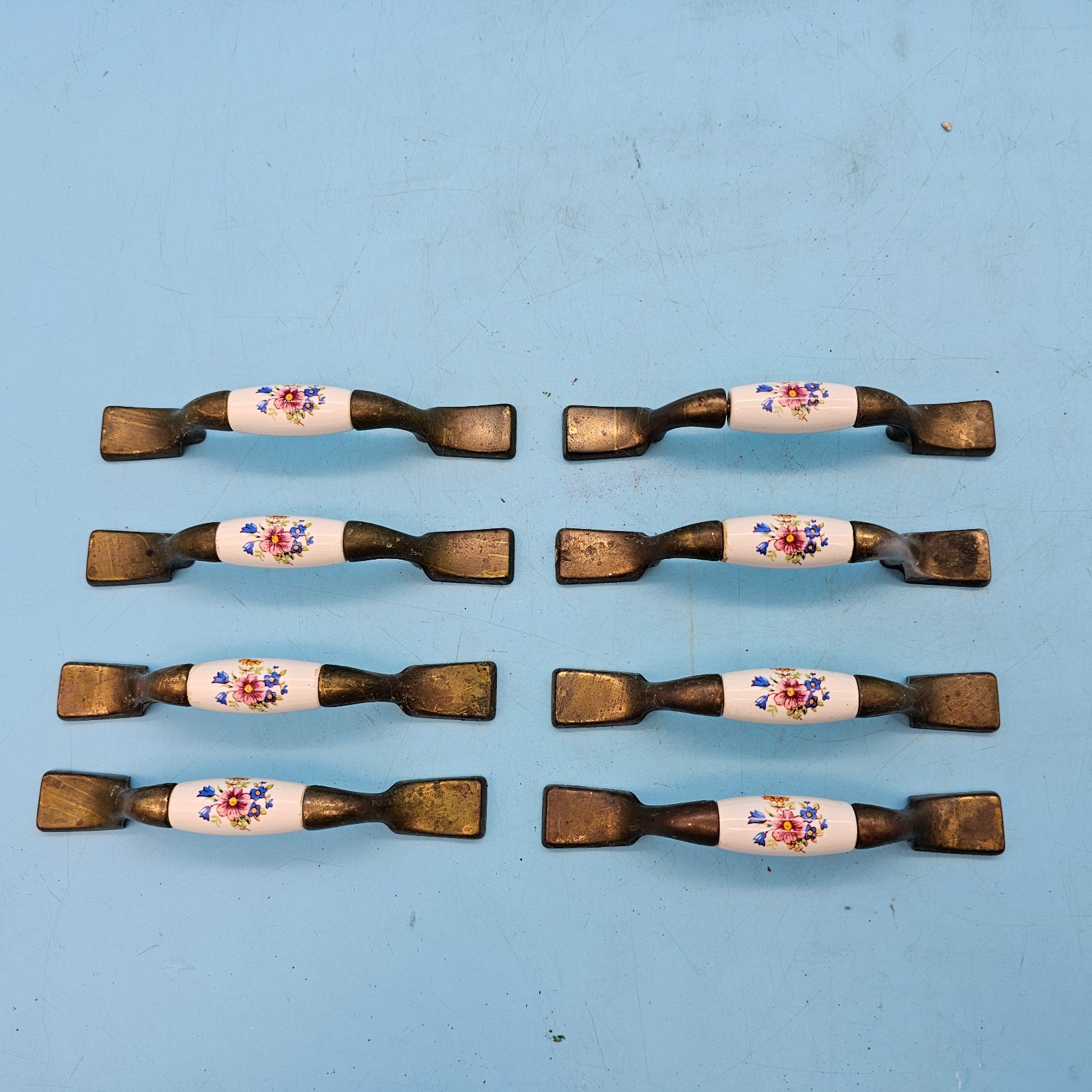 8 Vintage Floral Beige Ceramic Brass Amerock Cabinet Handles 3” Center #63854