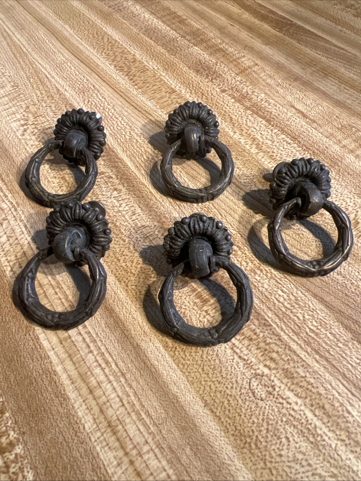5 Vintage Antique Drop Pull Drawer Dresser Hardware Brass Ring 2” With Screws
