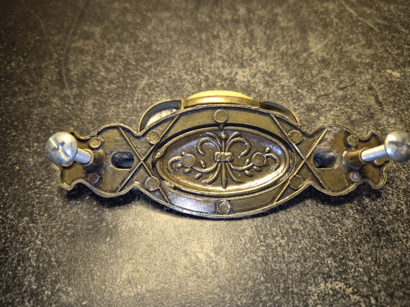 Vintage Brass Hardware Drawer Pulls With Beige Ceramic Center Bead Set Of 6