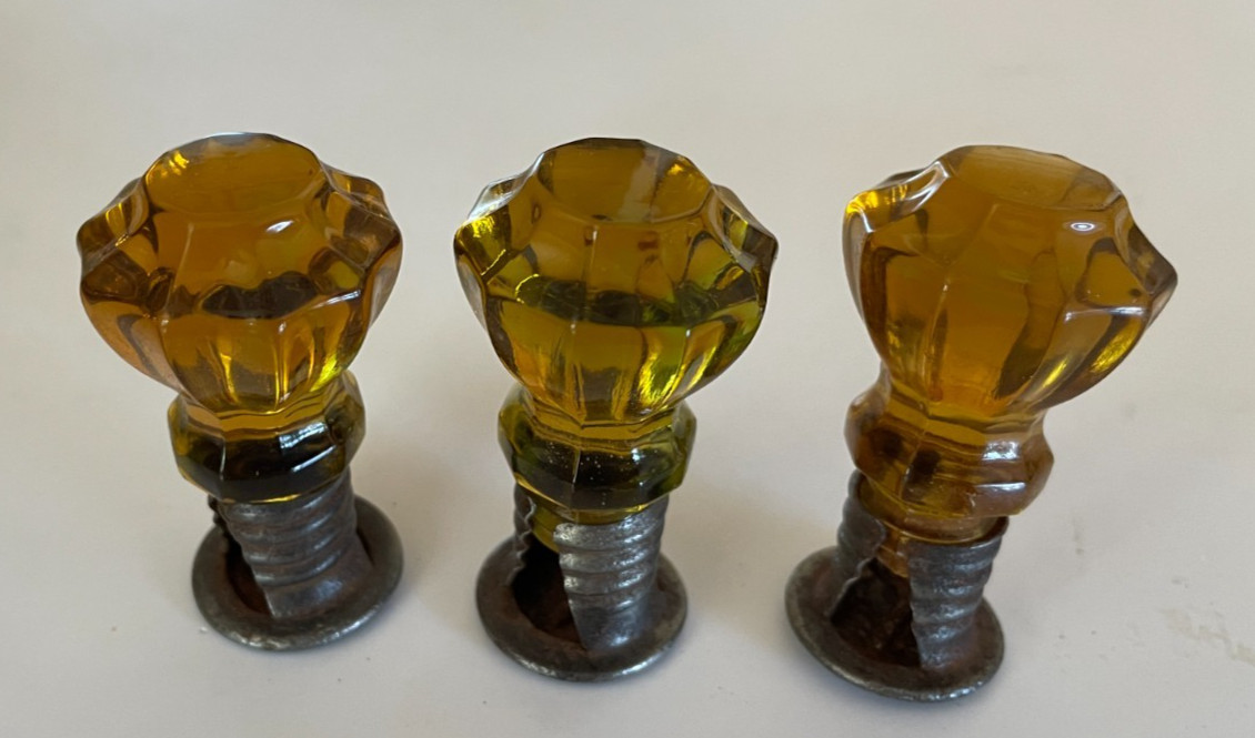 ONE Antique Amber Glass Faceted Knob Pull w/ Threaded Post and Screw Original